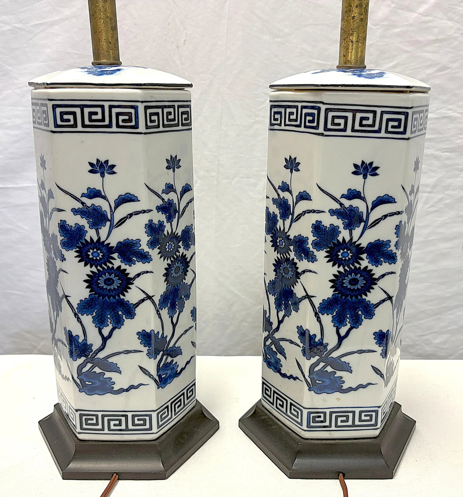 Vintage Mid Century Blue and White Ceramic Hexagon Shaped Table Lamps- A Pair - 6