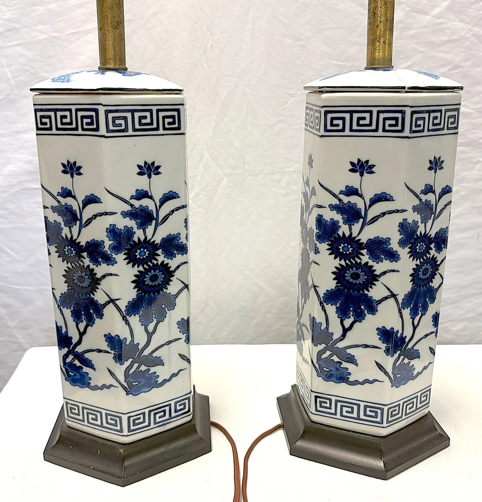 Vintage Mid Century Blue and White Ceramic Hexagon Shaped Table Lamps- A Pair - 7