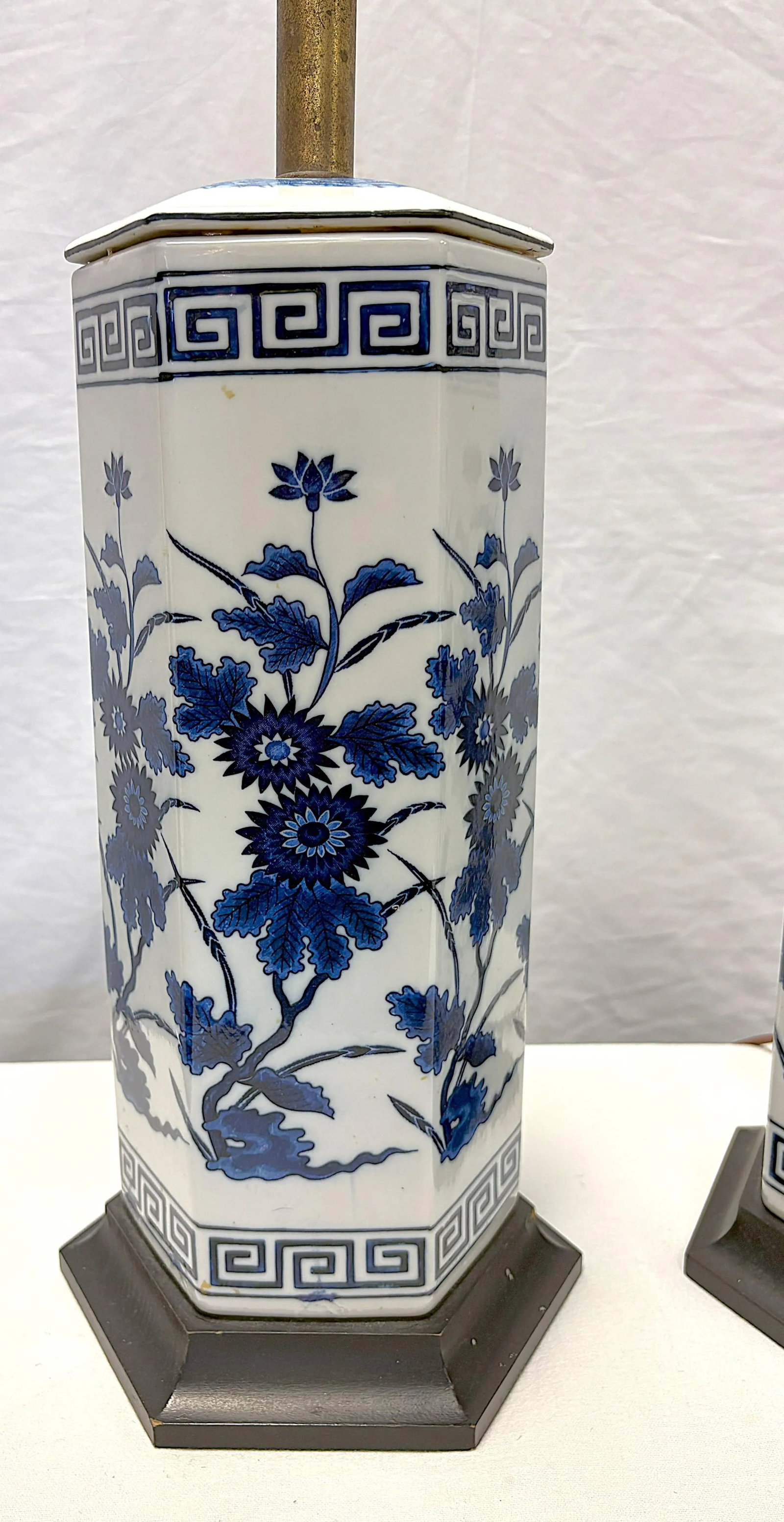 Vintage Mid Century Blue and White Ceramic Hexagon Shaped Table Lamps- A Pair - 8