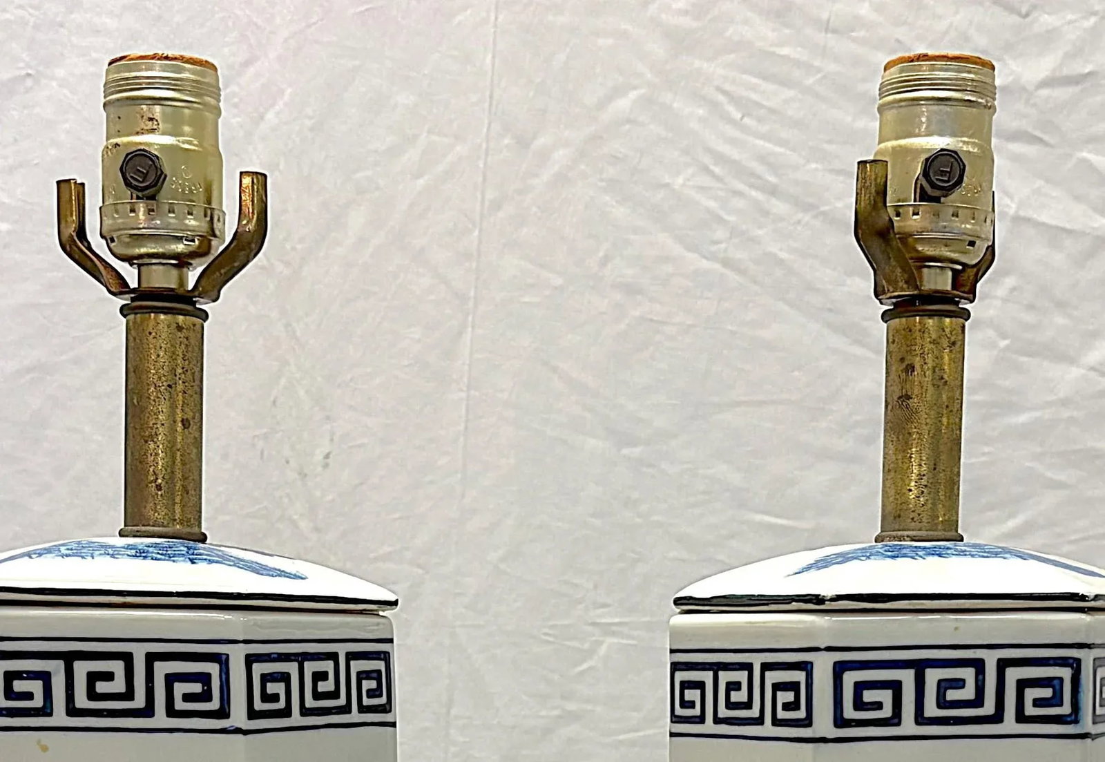 Vintage Mid Century Blue and White Ceramic Hexagon Shaped Table Lamps- A Pair - 9