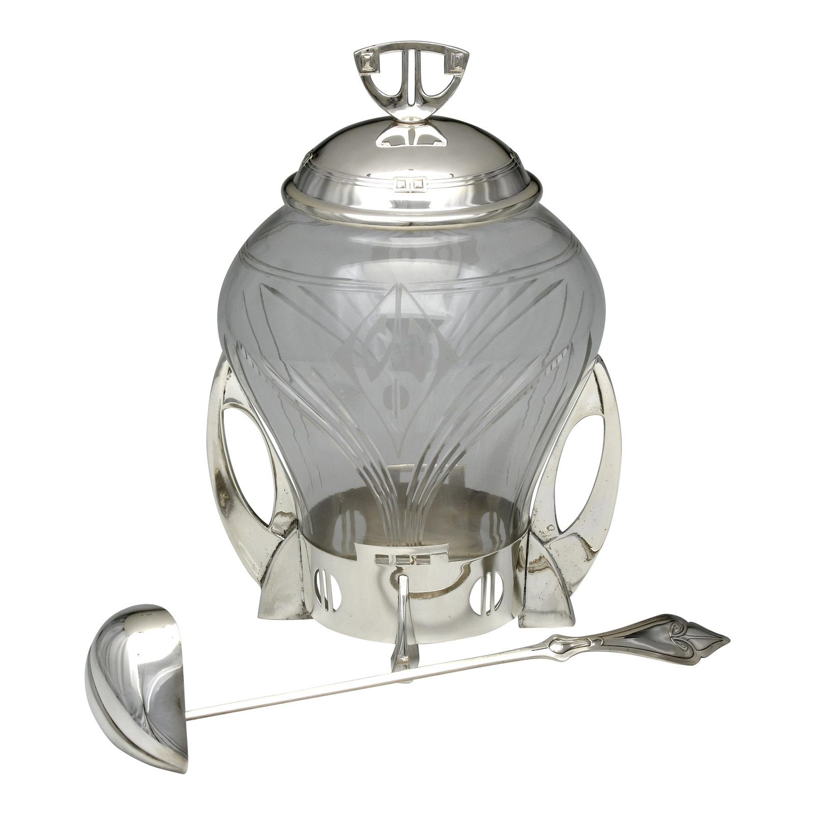 WMF Art Deco Covered Glass Punch Bowl With Silverplate Frame & Ladle, Circa 1925–1935: An exceptional Art Deco covered punch bowl with matching ladle, crafted by the renowned German maker WMF (WÃ¼rttembergische Metallwarenfabrik). This striking set features a clear etched