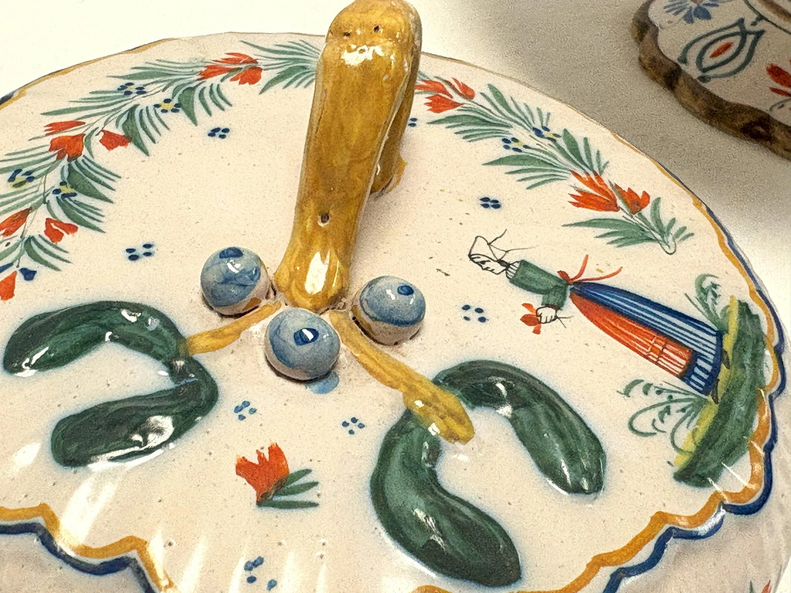 1940's French Provincial Henriot Quimper Pottery Lidded Pedestal Butter/ Cheese Dish - 10