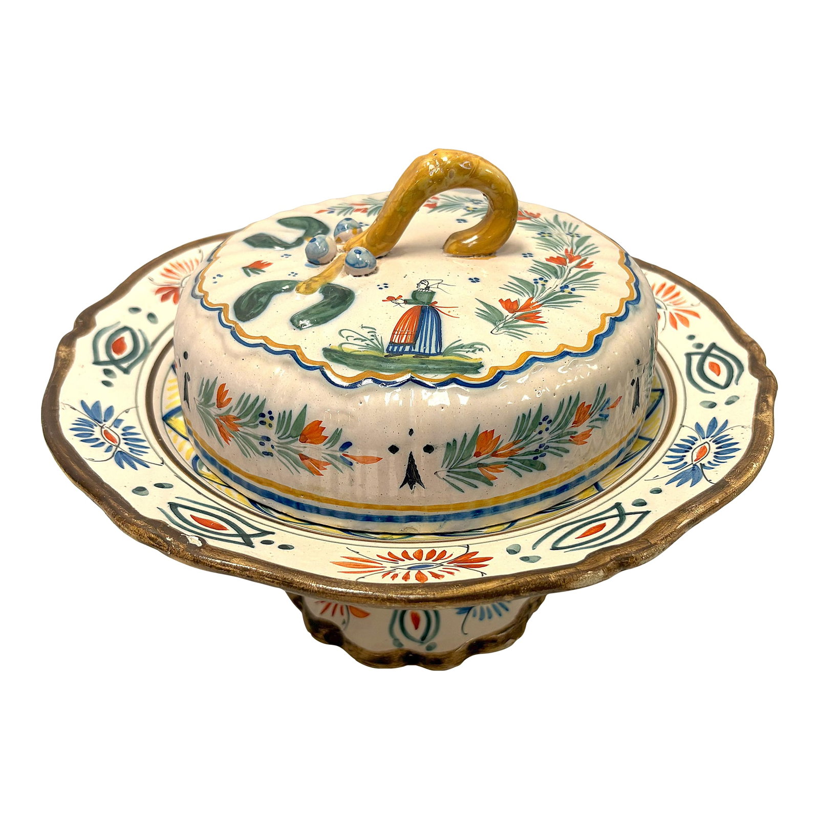 1940's French Provincial Henriot Quimper Pottery Lidded Pedestal Butter/ Cheese Dish (1 of 15)