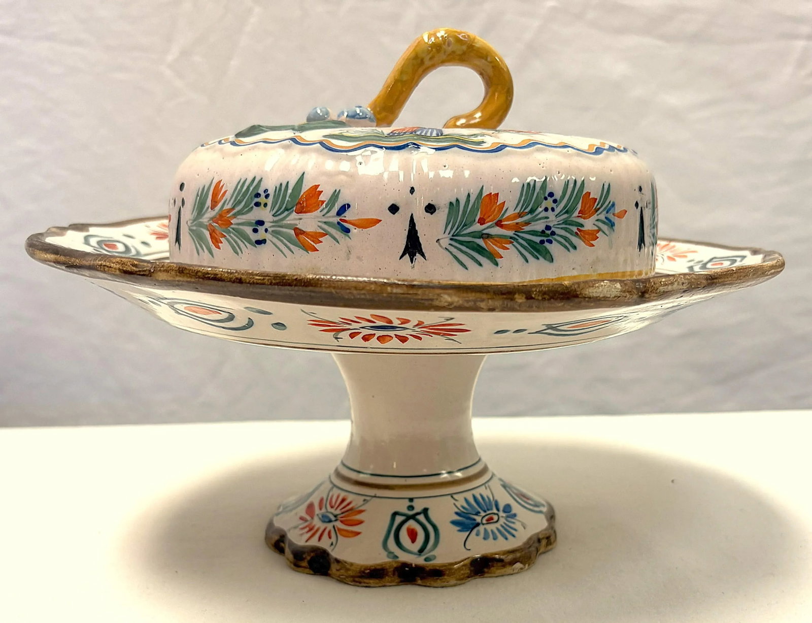 1940's French Provincial Henriot Quimper Pottery Lidded Pedestal Butter/ Cheese Dish - 2