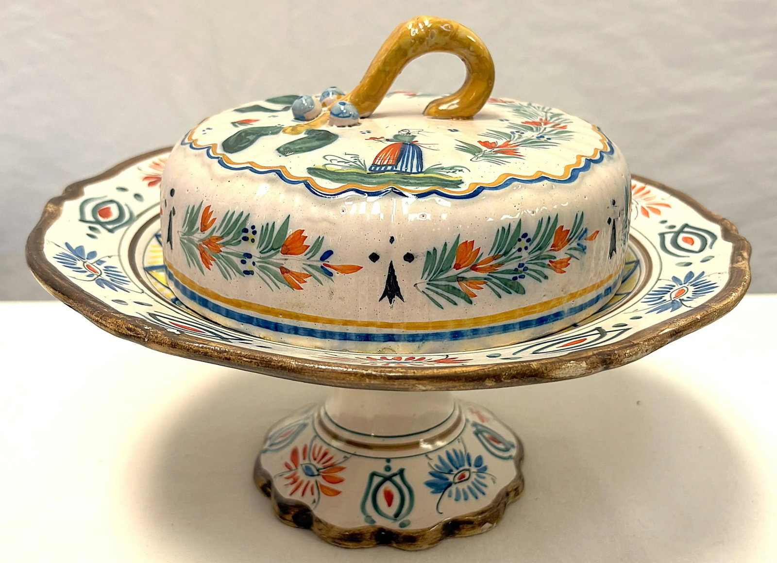 1940's French Provincial Henriot Quimper Pottery Lidded Pedestal Butter/ Cheese Dish - 3