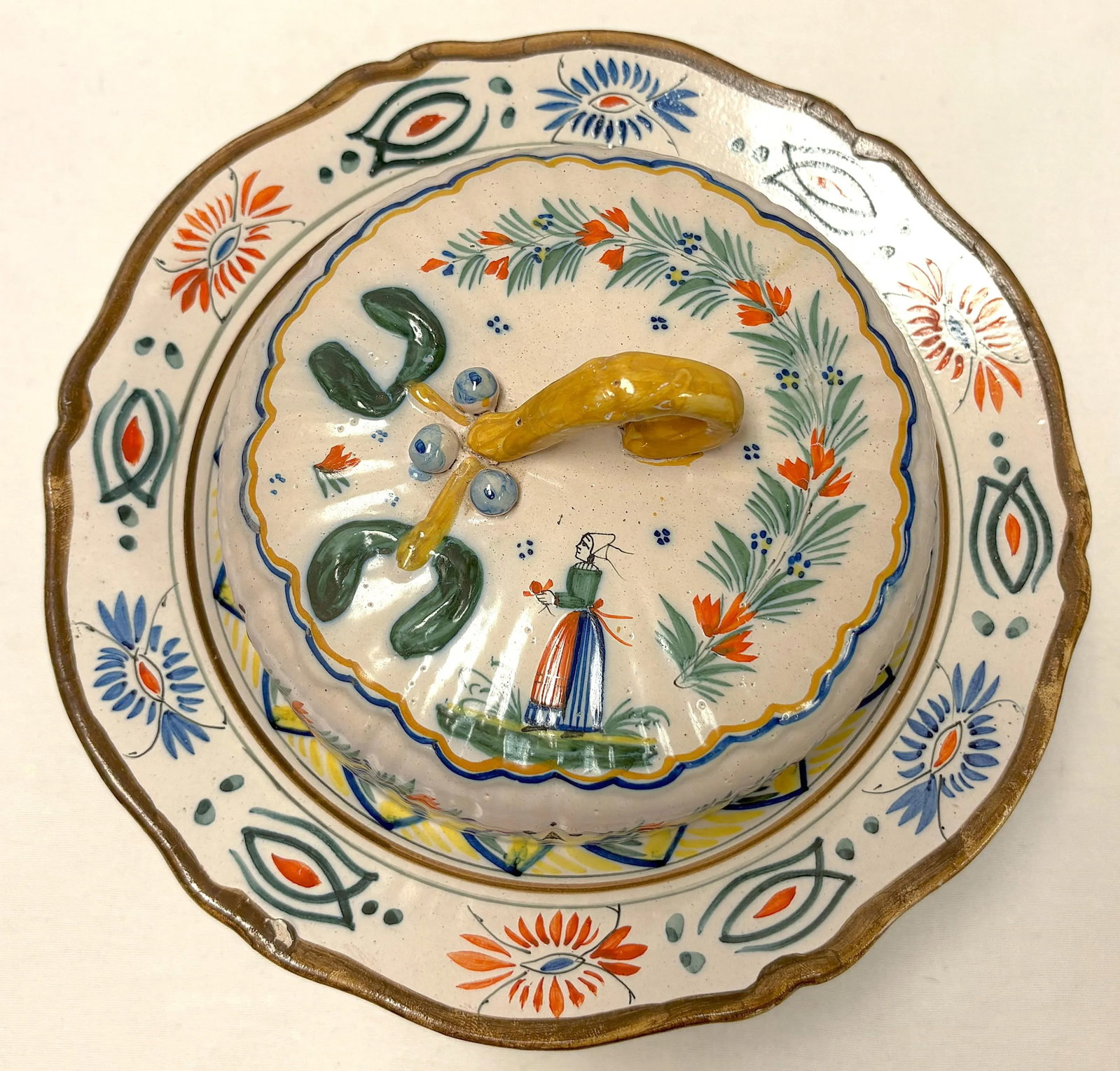 1940's French Provincial Henriot Quimper Pottery Lidded Pedestal Butter/ Cheese Dish - 4
