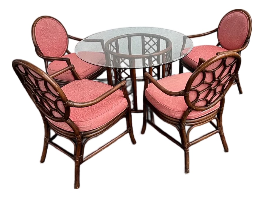 David Francis Attributed, Rattan Dining Set With Coveted "Spider Back" Coastal Design. Leather B (1 of 8)