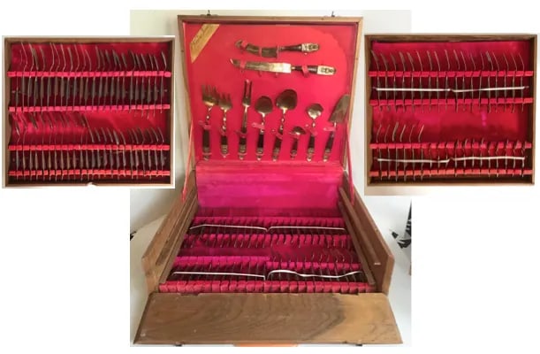 Mid-Century Modern Thai Siam Buddha Brass and Rosewood Flatware Set of 142 - 13