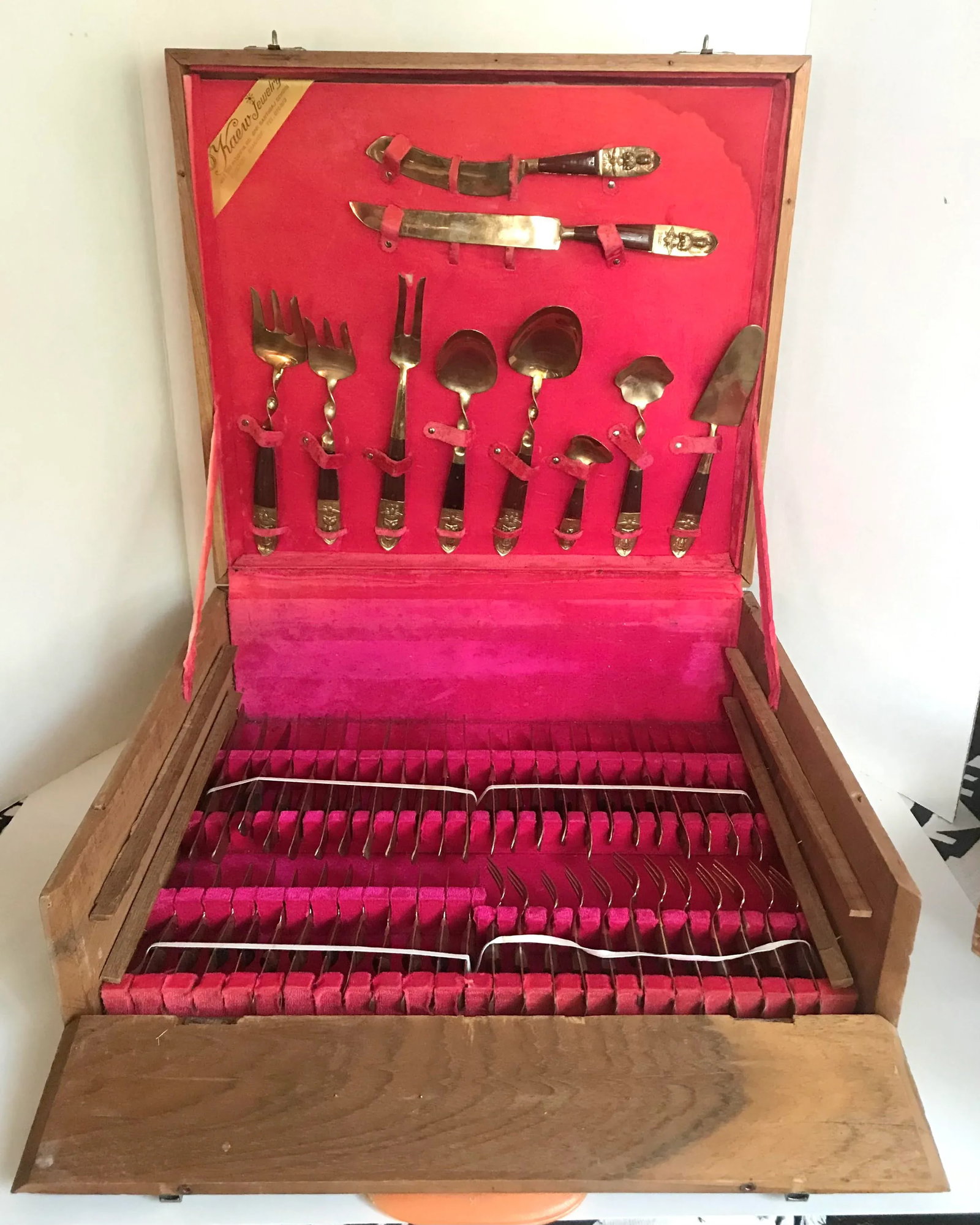 Mid-Century Modern Thai Siam Buddha Brass and Rosewood Flatware Set of 142 - 2