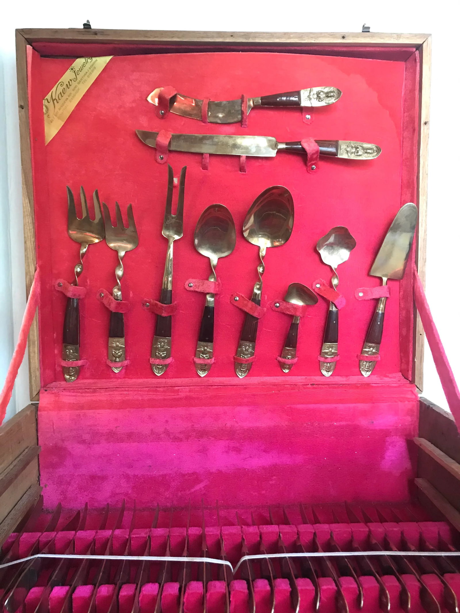 Mid-Century Modern Thai Siam Buddha Brass and Rosewood Flatware Set of 142 - 3