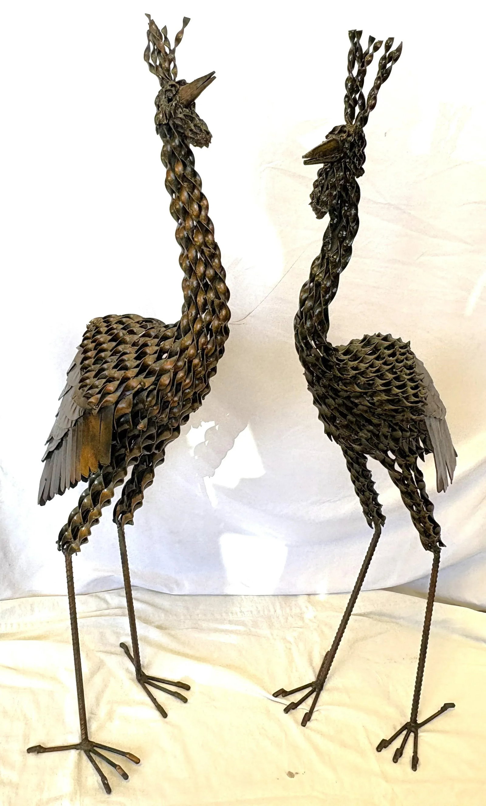 Vintage Artisan Crafted Recycled Metal Standing Crane Sculptures- A Pair - 4