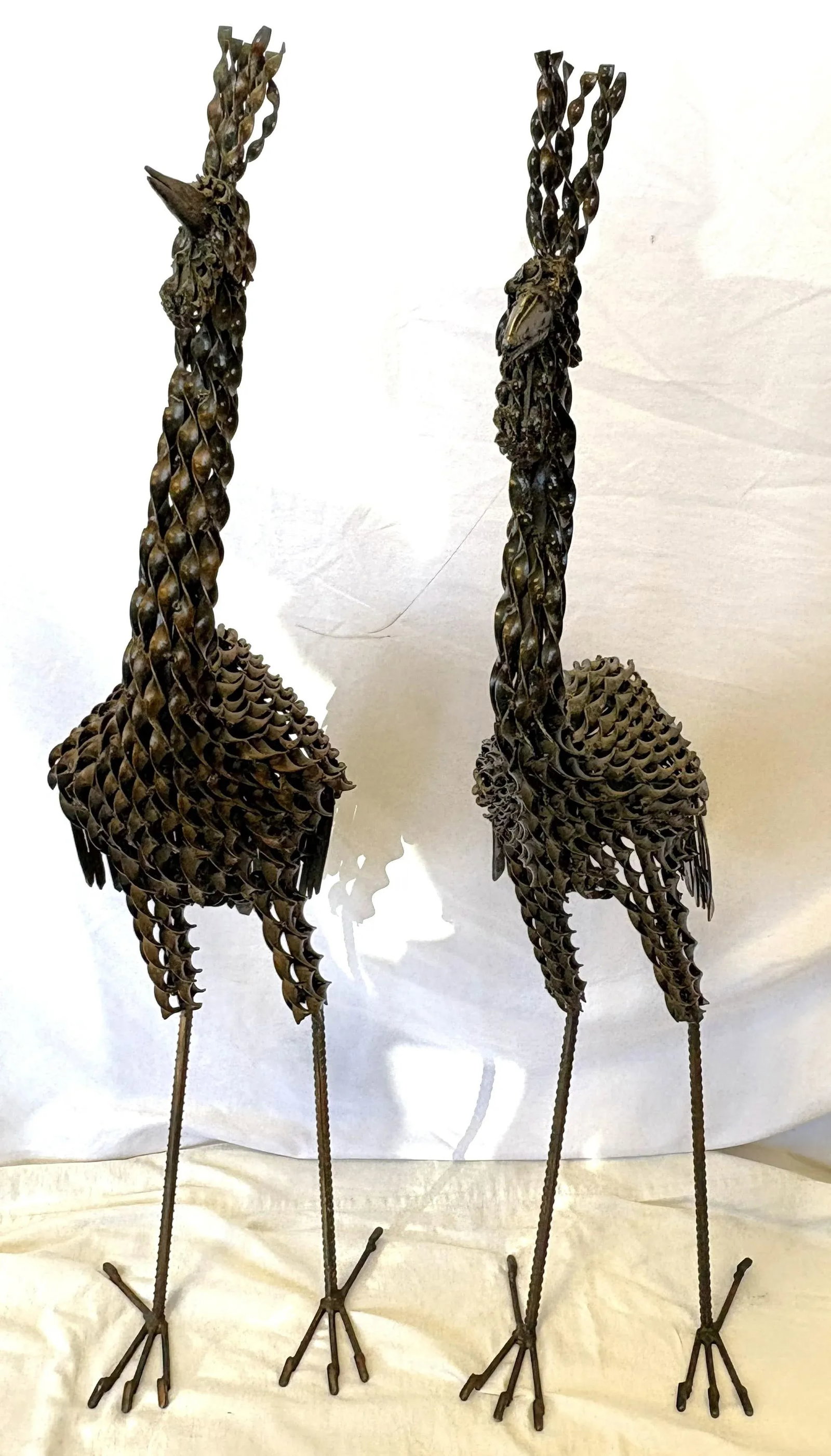 Vintage Artisan Crafted Recycled Metal Standing Crane Sculptures- A Pair - 5