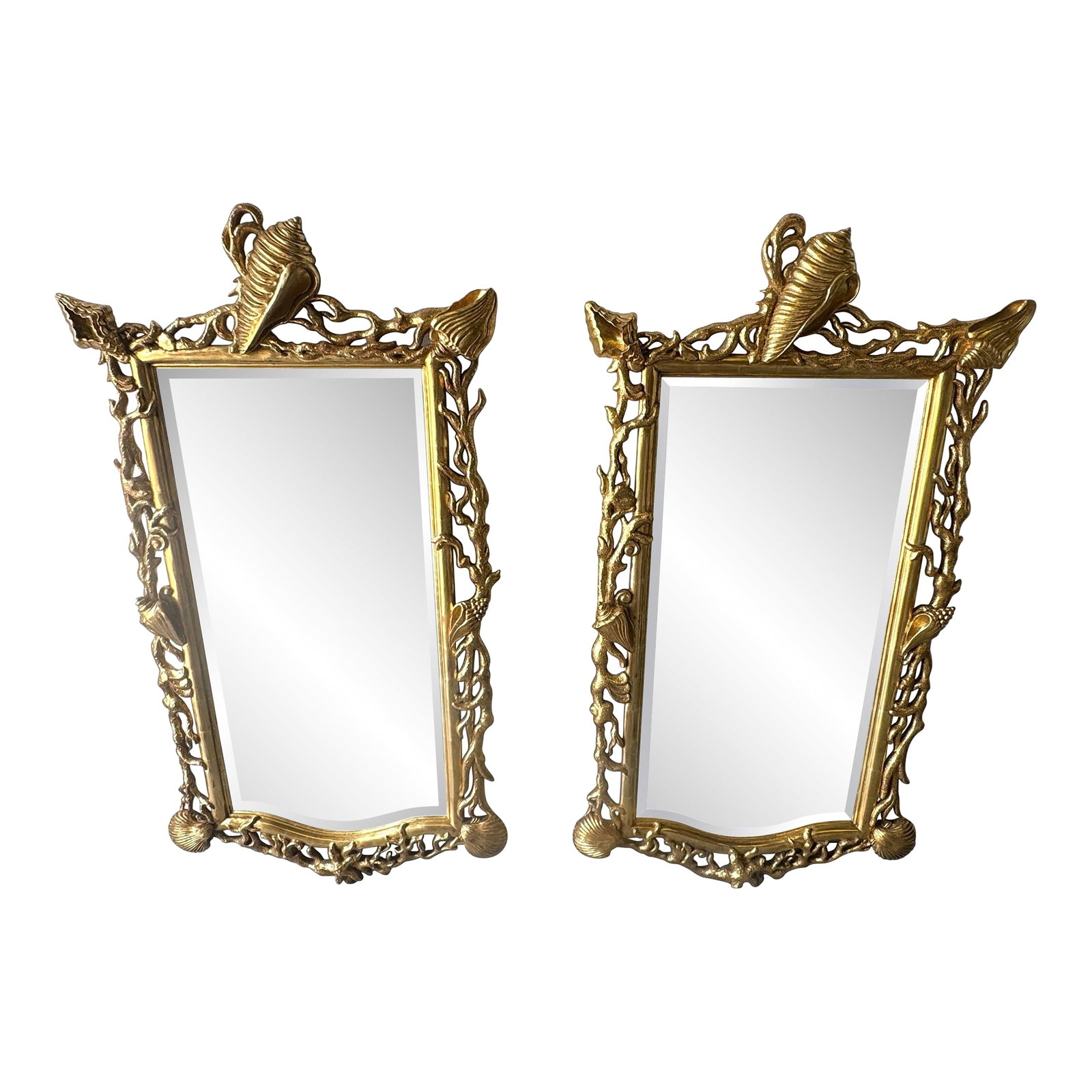 Extraordinary Pair of Italian Carved Giltwood Mirrors with Shell and Coral Motif (1 of 11)