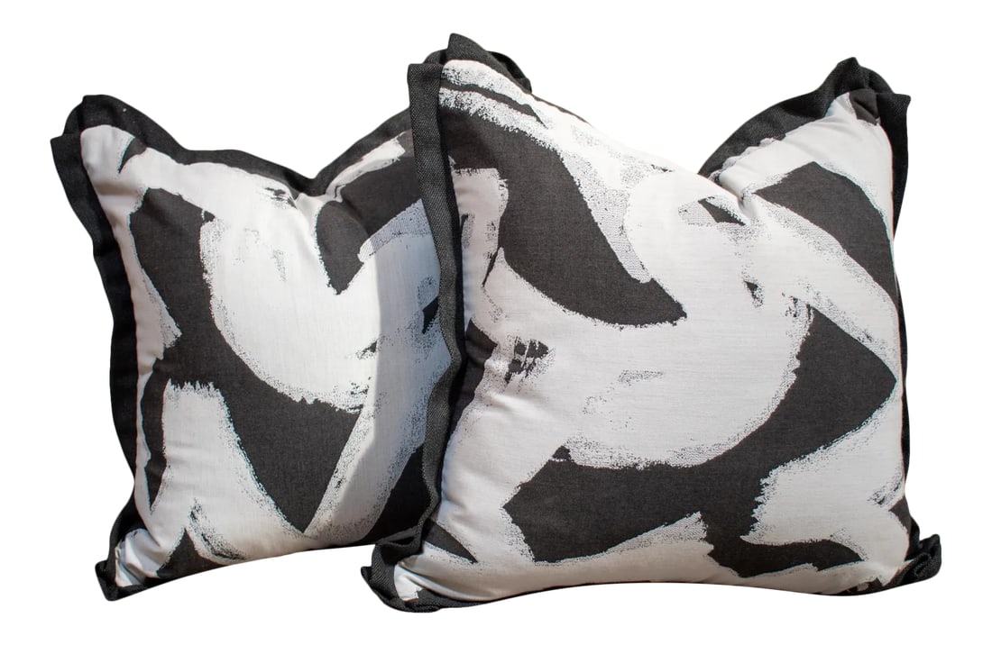 Pair of Custom Perennials "Tangled" Abstract Pillows: - Custom pair of designer pillows 20 x 20 in. - Front fabric is Perenials "Tangled" abstract patterned jacquard indoor/outdoor fabric. - Back fabric and flange with pleated butterfly corners is a