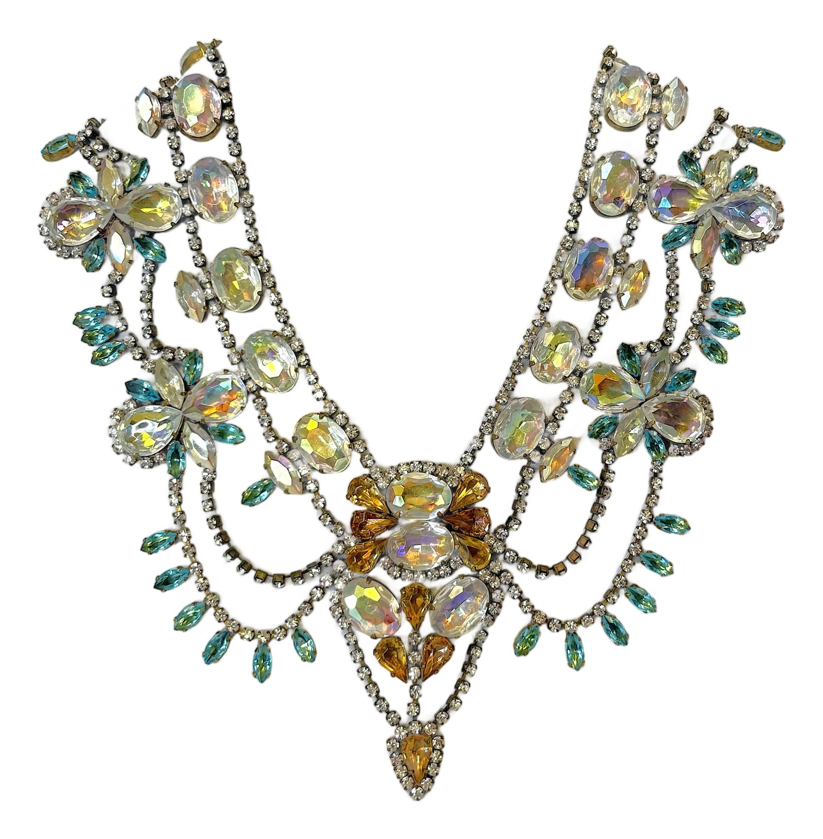 Vintage 'Bijoux' London Runway Rhinestone Bib Necklace: Stunning vintage runway bib necklace by 'Bijoux' London. It's made of rhinestones in several shapes, colors and sizes. It is marked 'Bijoux' on the reverse. This runway statement piece is a timeless