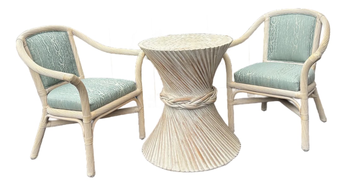 Refurbished McGuire Attributed Set of Vintage White Washed, Twisted Pencil Reed Chairs. McGuire Tabl: Chairs are sturdy with quality construction. Chairs have wide spread arms for comfortable seating. Quality chinoiserie robin egg blue upholstered seating. Classic McGuire leather rapped joints