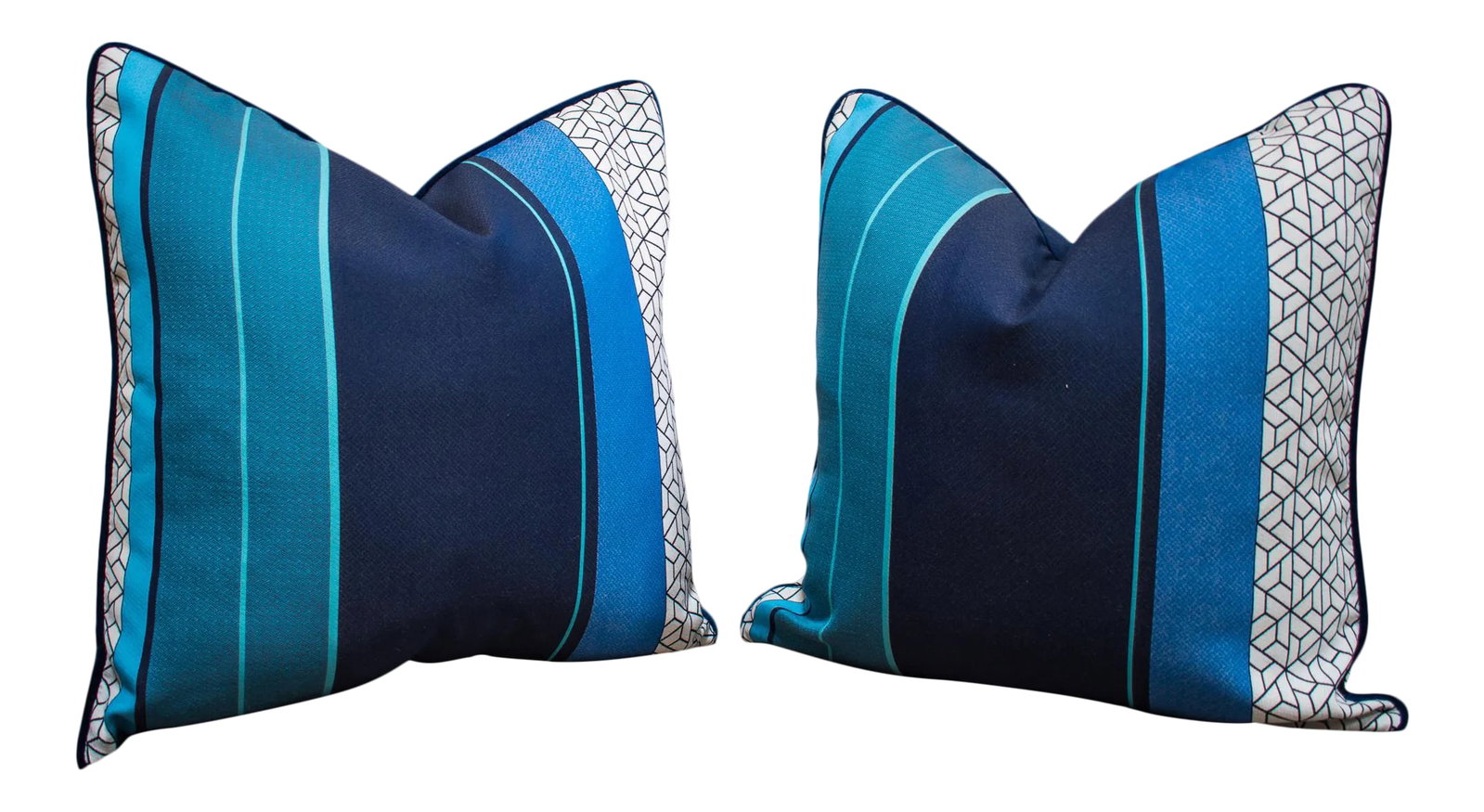 Custom Striped Pillows - a Pair: - Custom pair of designer pillows 23 x 23 in. -Striped navy blue and geometric black and white pattern, finished with navy welting - Down/soft feather or Poly fill pillow forms (please specify in