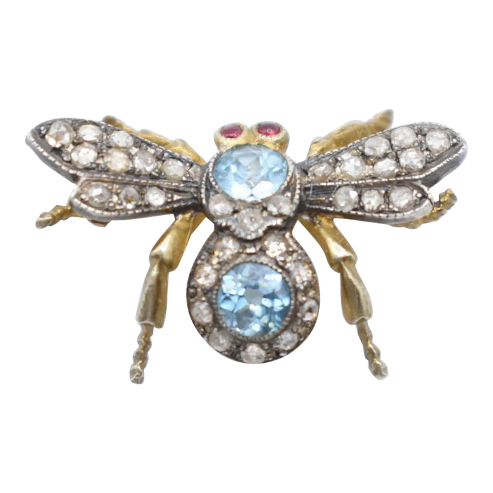 Late 20th Century Silver and Gold Bug Brooch: This is a fun brooch that depicts a bug. It has blue zircon, silver, and gold. It is able to be a brooch or a pendant. no markings Condition: Alterations: Original Condition Unaltered Imperfections: