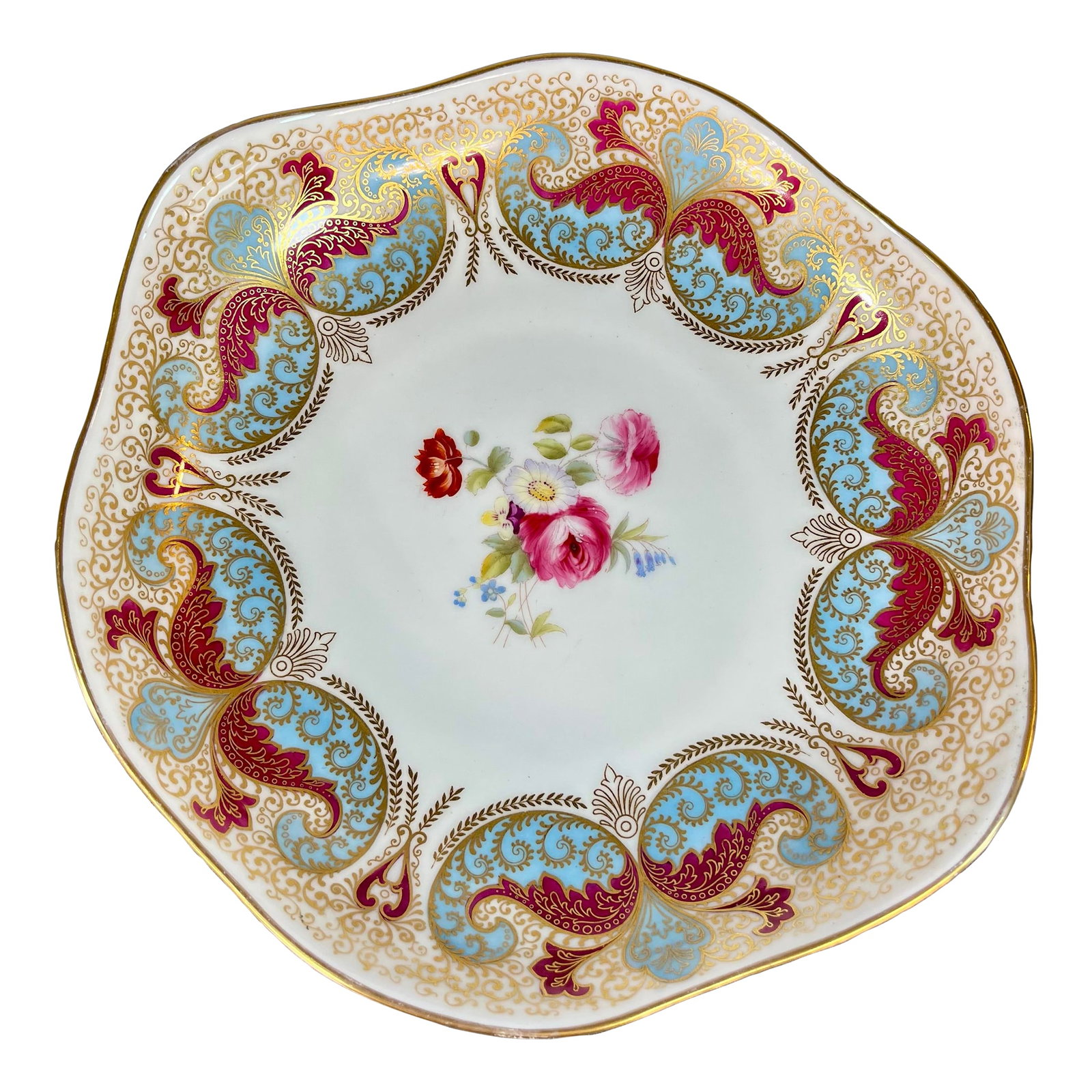 Antique Cauldon (England) Hand Painted Porcelain Free Form Bowl: Fine free form porcelain bowl with exquisite hand painted detail in colors of deep red, blue, and gold. Condition: Alterations: Original Condition Unaltered Imperfections: Some Imperfections