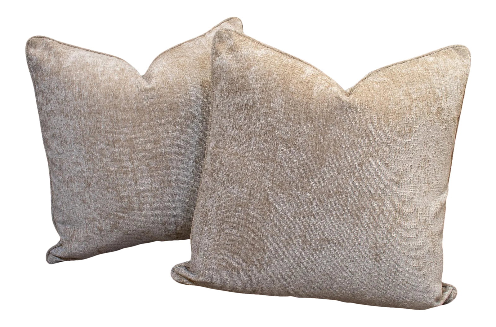 Pair of Custom Cream Chenille Pillows: - Custom pair of designer pillows 22 x 22 in. - Cream colored velvet finished with matching welting - Down/soft feather or Poly fill pillow forms (please specify in comments after ordering) -