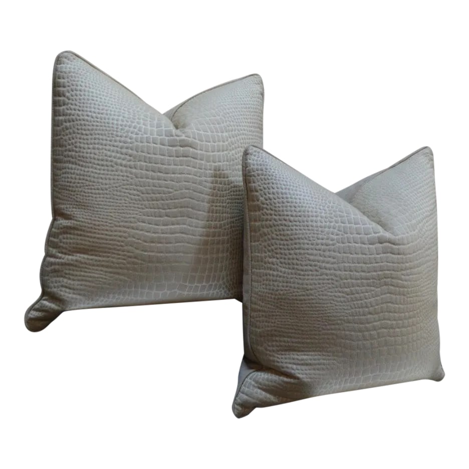 Faux Ivory Crocodile Pattern Pillows- a Pair: - Custom pair of designer pillows 22 x 22 in. - Faux crocodile skin pillows with fabric back and cream contrast welting - Down/soft feather or Poly fill pillow forms (please specify in comments after