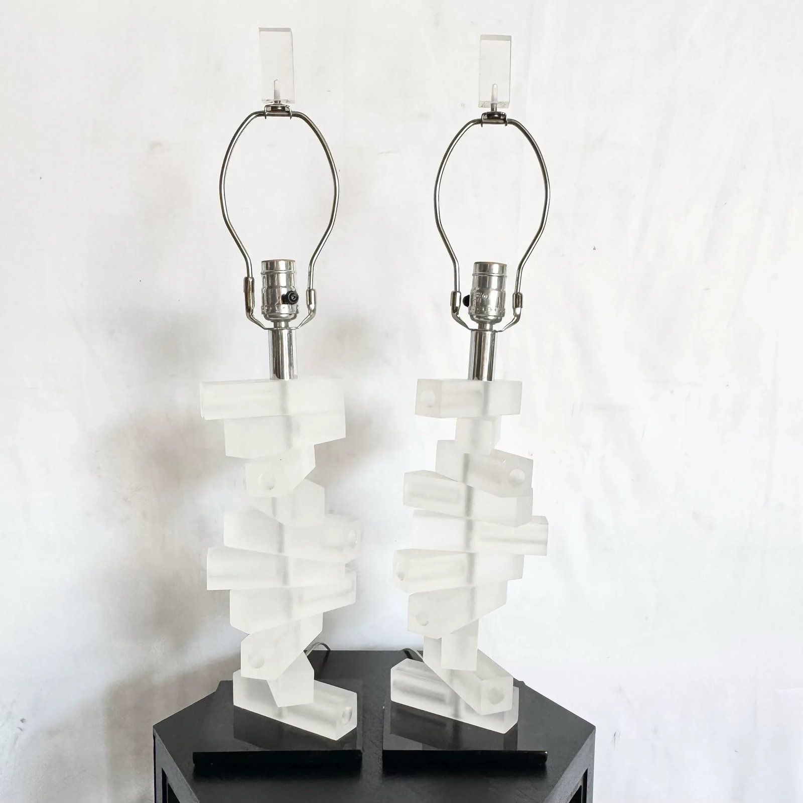 Mid Century Modern Stacked Frosted Acrylic Table Lamps - A Pair - 2