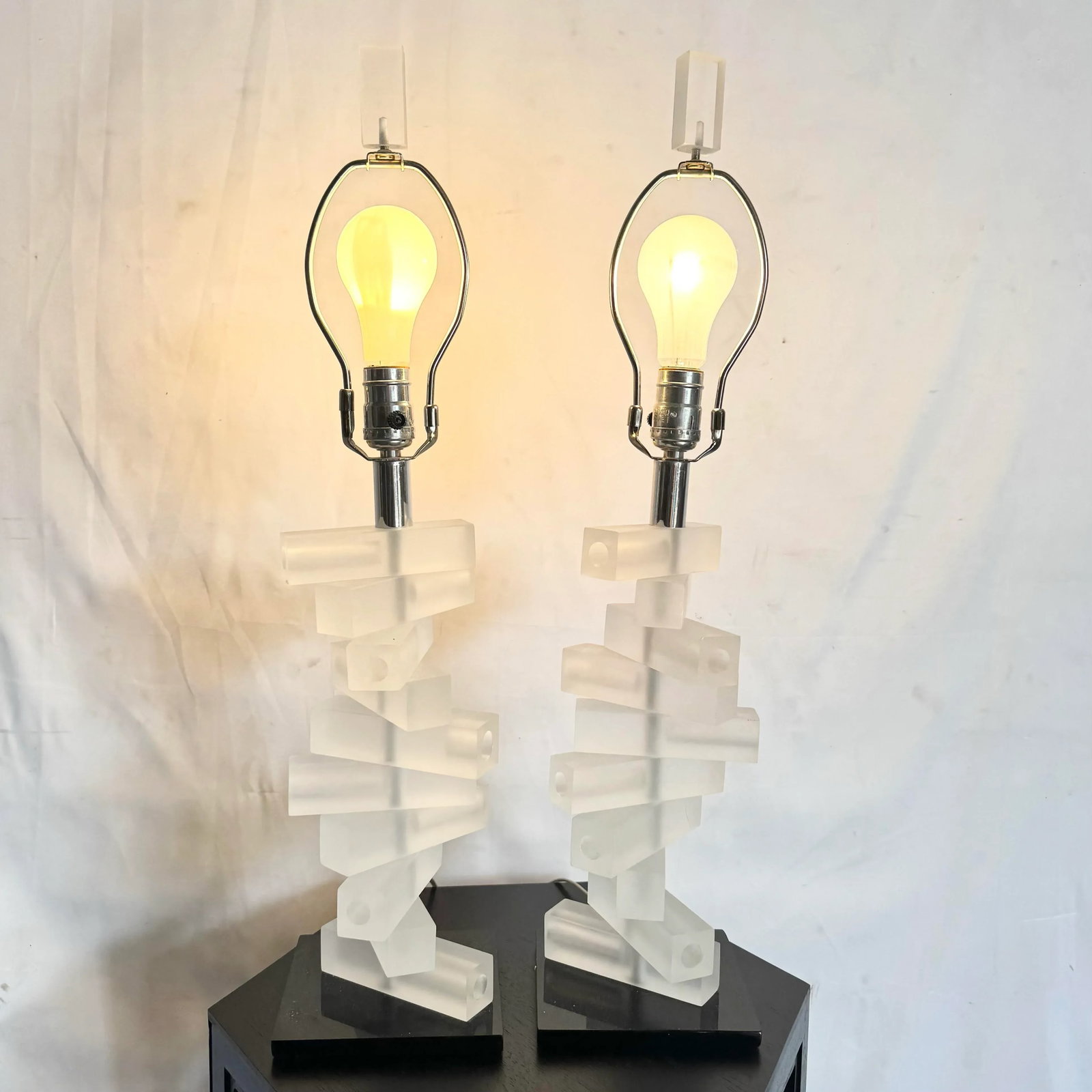 Mid Century Modern Stacked Frosted Acrylic Table Lamps - A Pair - 3