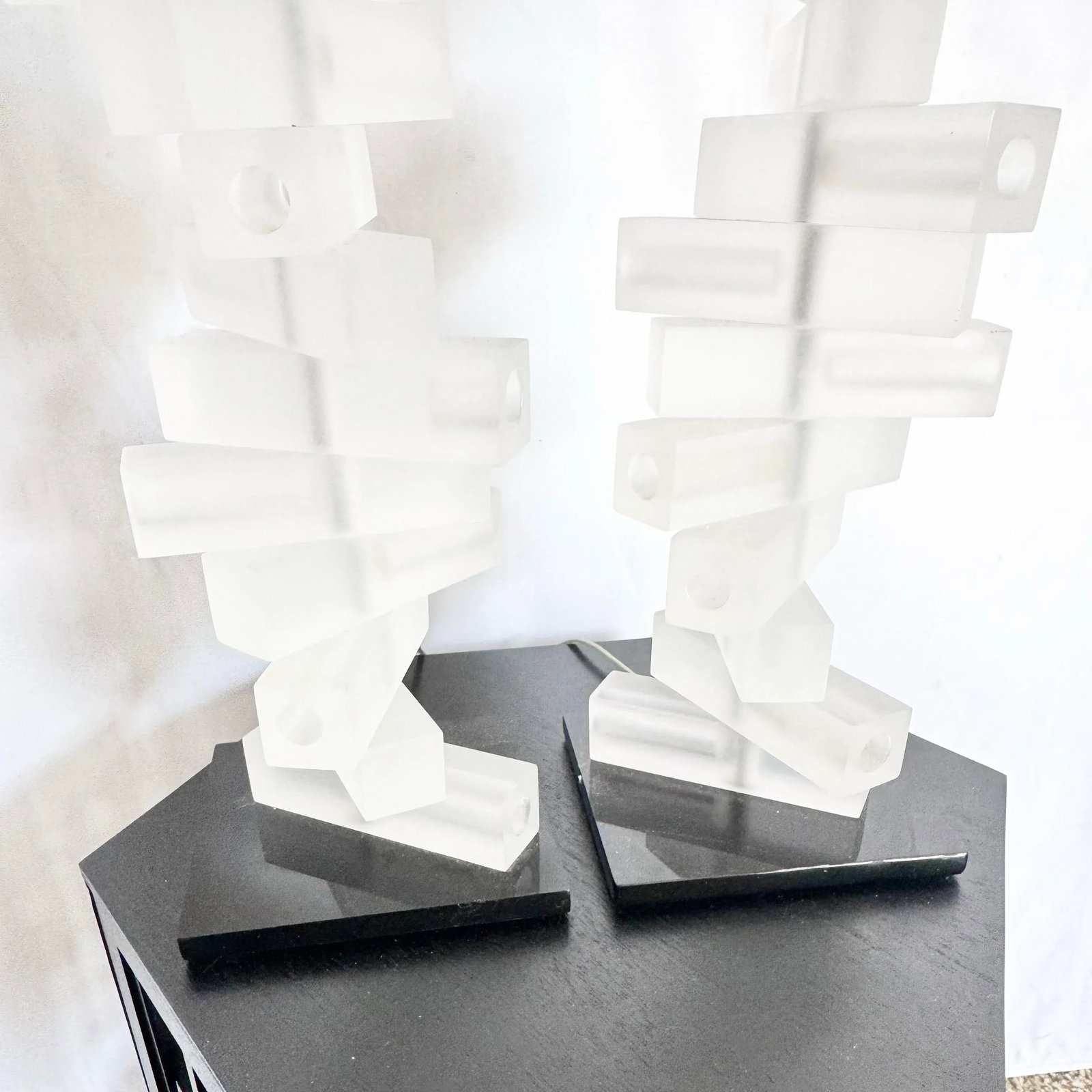 Mid Century Modern Stacked Frosted Acrylic Table Lamps - A Pair - 5