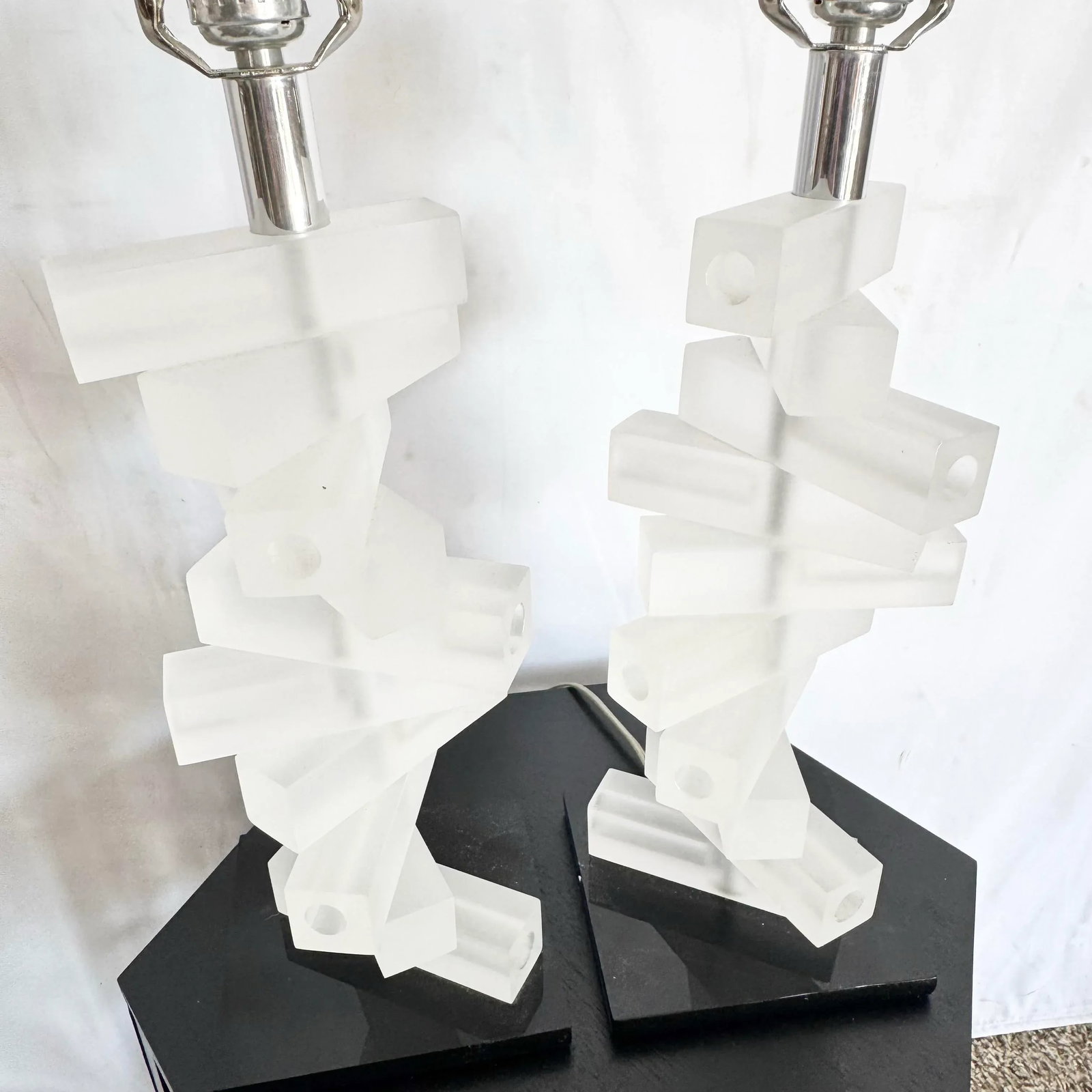 Mid Century Modern Stacked Frosted Acrylic Table Lamps - A Pair - 6
