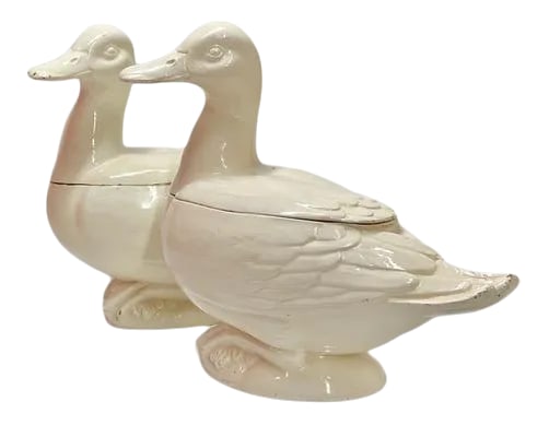 Italian Creamware Trompe l'Oeil Tureens in the Form of Ducks, Nove Di Bassano: ITrompe l'oeil Whimsy: Italian Creamware Duck Tureens Object: Pair of Soup Tureens and Covers, modeled as Ducks Factory: Pasquale Antonibon Factory (Period of Giovanni Maria Baccin) Origin: Nove di