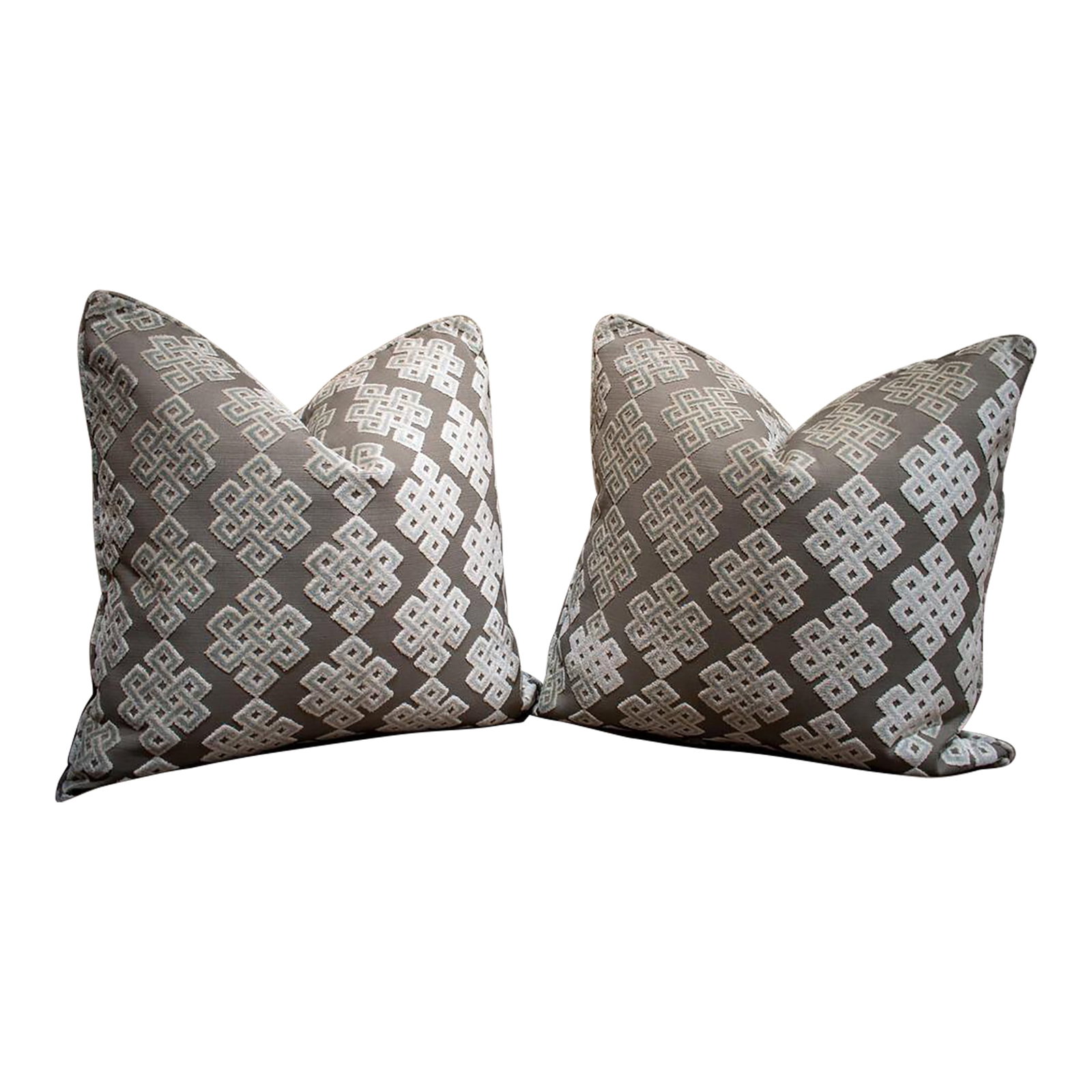 Pair of Duralee "Medallion" Cut Velvet Custom Pillows 22 X 22 In.: •Elegant custom pillows crafted of Duralee Medallion Cut Velvet DV15968 52 in color Metal - from the Duralee Lille Cut Velvet Collection (no longer made). •Square 22 x 22 in. Taupe/Grey