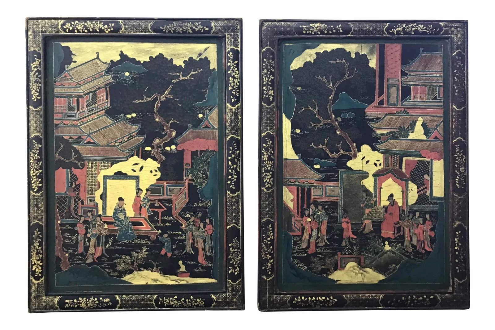 19th Century Chinoiserie Decorated Lacquer Panels - a Pair: Pair of stylish Chinoiserie panels in a lacquer finish, painted in gold, red & black with landscapes with village and people. The frame also decorated with wonderful gilt detailed design. 19th