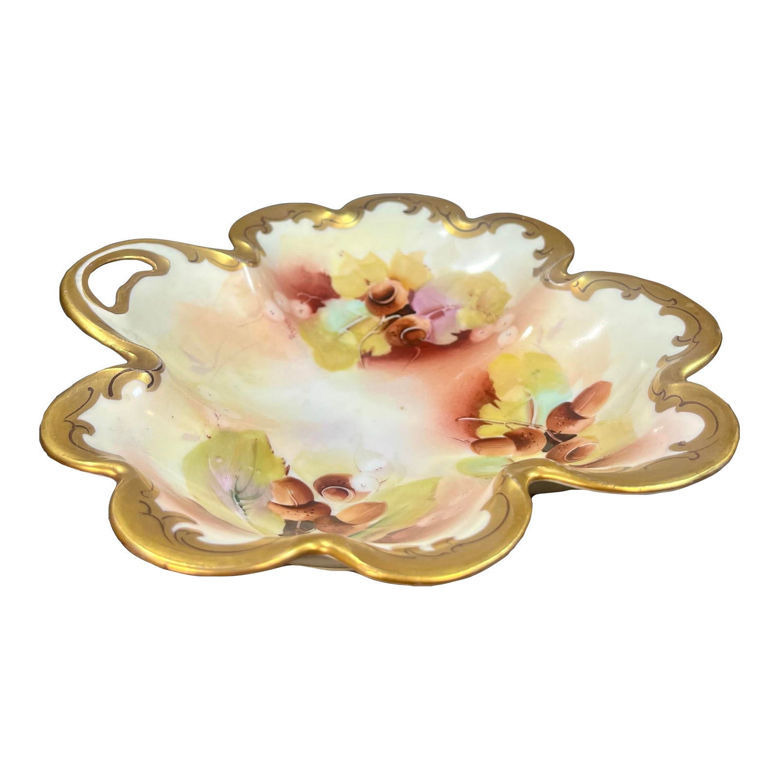 Early 20th Century Rosenthal & Co. Pickard Hand-Painted Porcelain Nut Harvest Dish: Exquisite Rosenthal & Co. and Pickard China hand-painted scalloped dish showcasing a design of acorns and foliage against a soft cream and deep red gradient background. The intricate design is framed