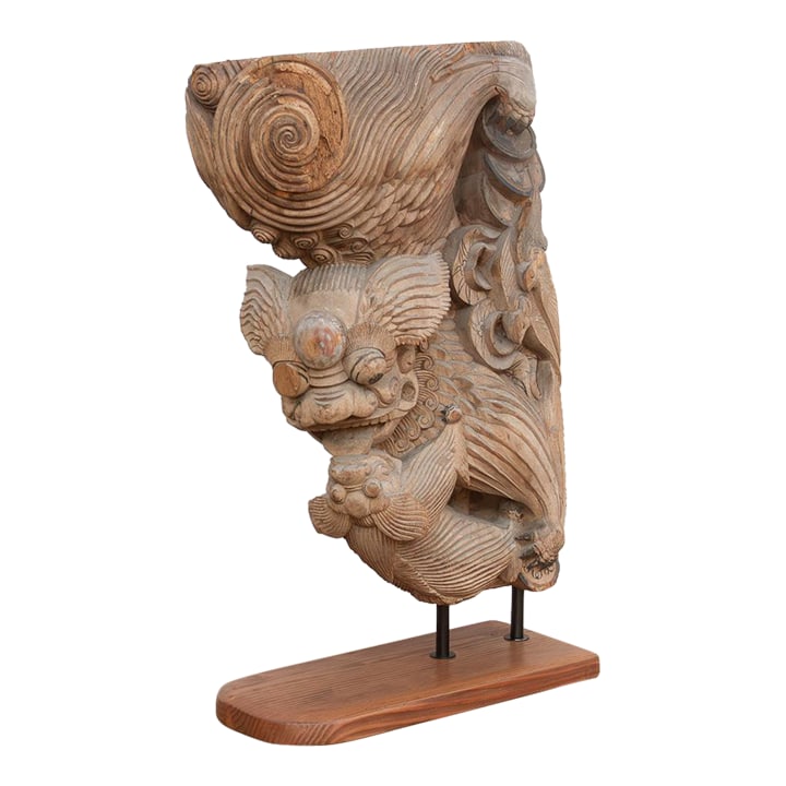 Qing Dynasty Finely Carved Palace Corbel: This dramatic piece is a rare and monumental example of Chinese Architectural Salvage, originating as a corbel (bracket) from a high-status building, likely an imperial or temple structure during the