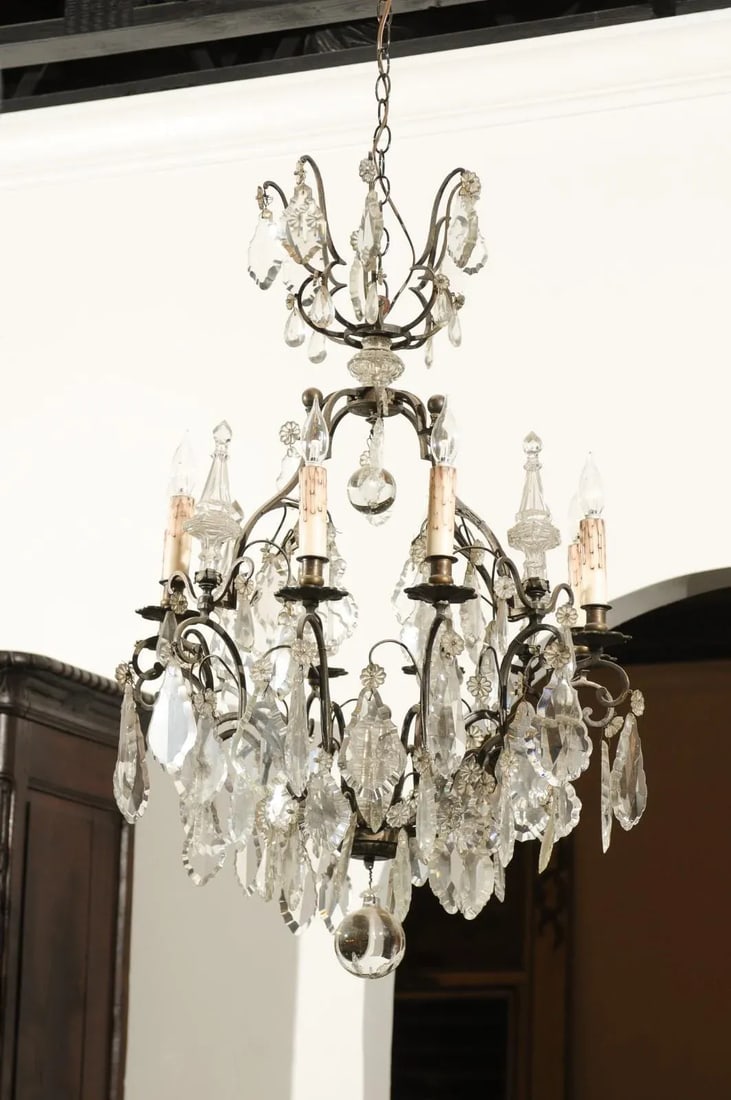 French 1890s Eight-Light Crystal Chandelier with Bronze Armature and Obelisks - 2