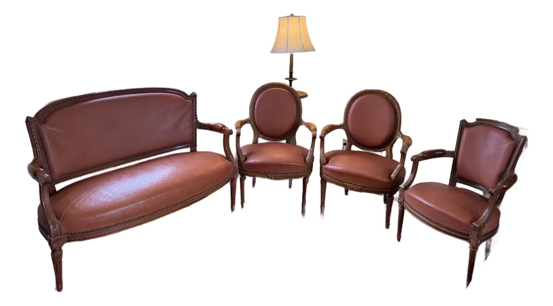 4-Piece French Louis XVI–Style Leather Seating Set "” Settee & 3 Armchairs (1 of 17)