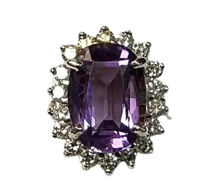 Amethyst and Diamond Cocktail Ring, 14k Gold - 7