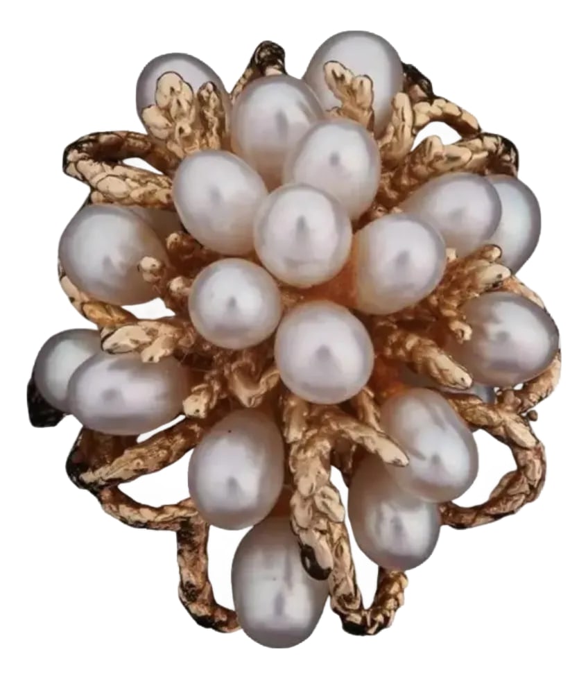 14k Gold and Cluster Pearls Ring: 14k yellow gold Cocktail Ring with partially stippled band and floriform cluster of 20 oval pearls. Size 6.5. 9.22 grams total weight. Condition: Alterations: Original Condition Unaltered