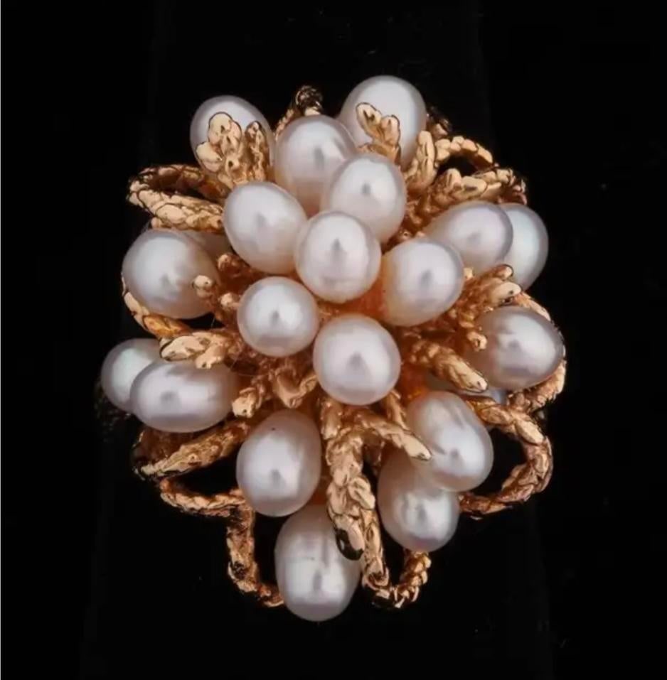 14k Gold and Cluster Pearls Ring - 7