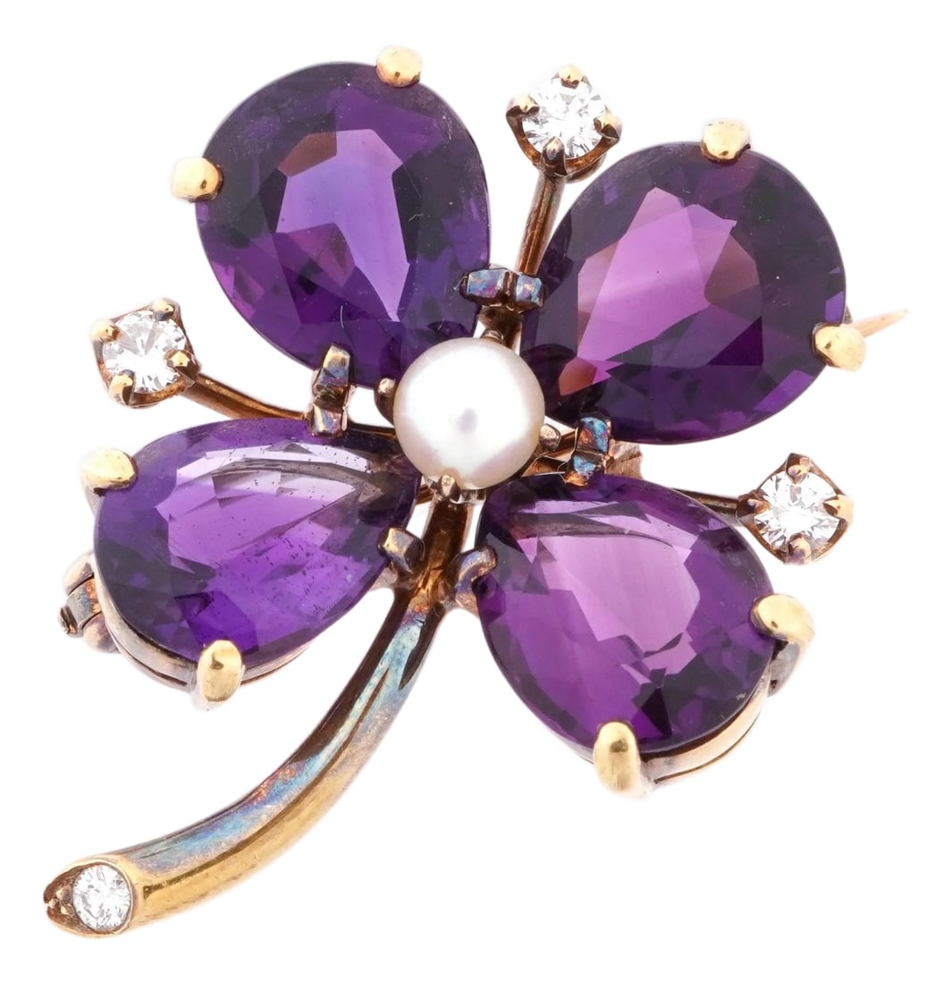 Amethyst and Diamond Brooch, 14k Gold: Vintage 14k Gold Floriform Brooch, four prong set amethyst petals, each 10mm x 7mm. Three small prong set accent diamonds, center 4mm cultured pearl, overall 1.25" long x 1' wide. 9.70 grams total