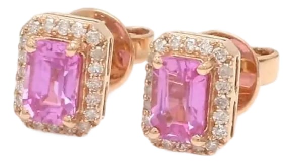 1.05 cts Natural pink sapphire & 0.20 cts diamond earrings in 14k gold: Pink sapphire diamond emerald cut earring studs gold Natural pink sapphire halo diamond stud tops earrings gold Pink sapphire stud gold GEMSTONE DETAILS : âœ¦ Gemstone : Pink Sapphire