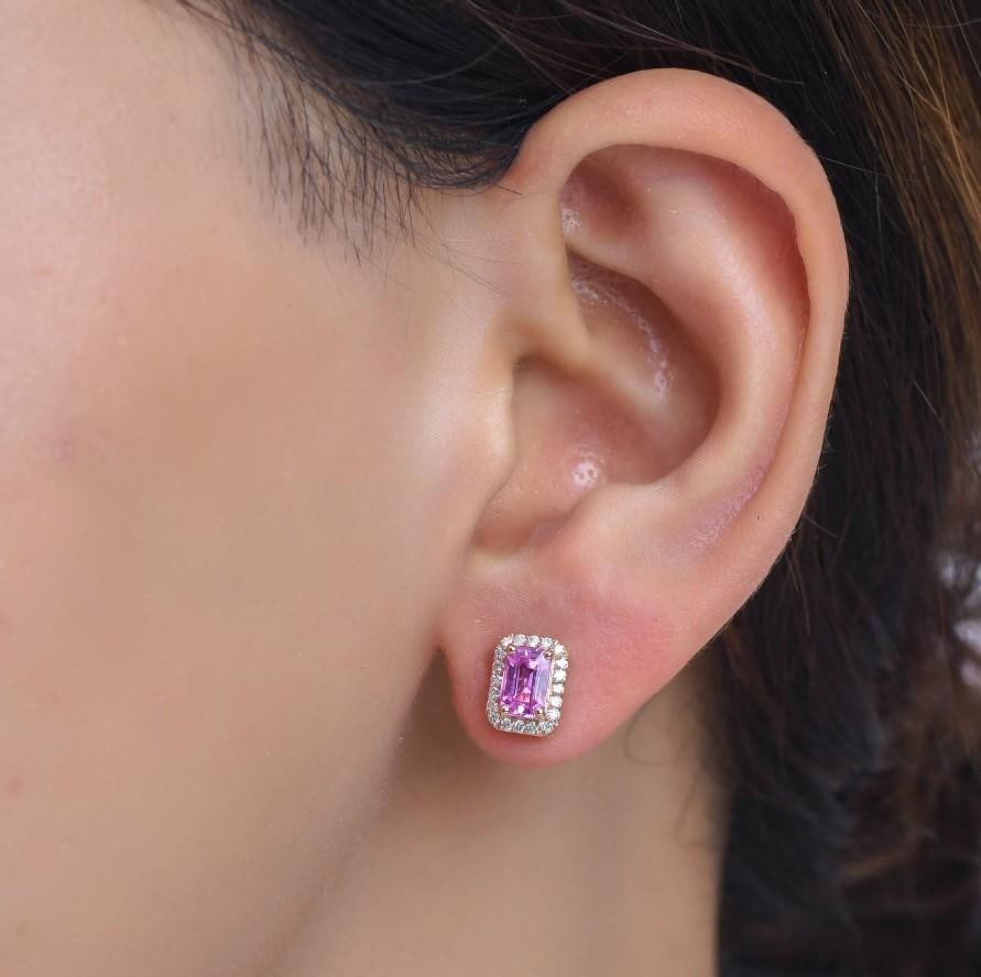 1.05 cts Natural pink sapphire & 0.20 cts diamond earrings in 14k gold - 3