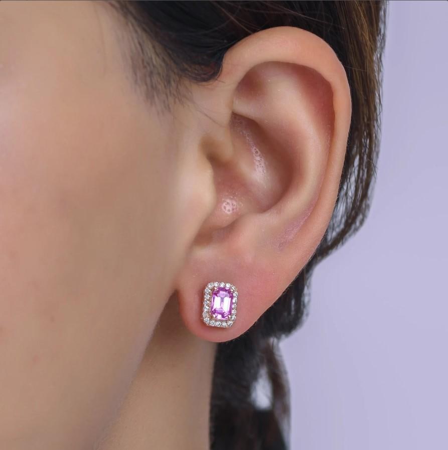 1.05 cts Natural pink sapphire & 0.20 cts diamond earrings in 14k gold - 8
