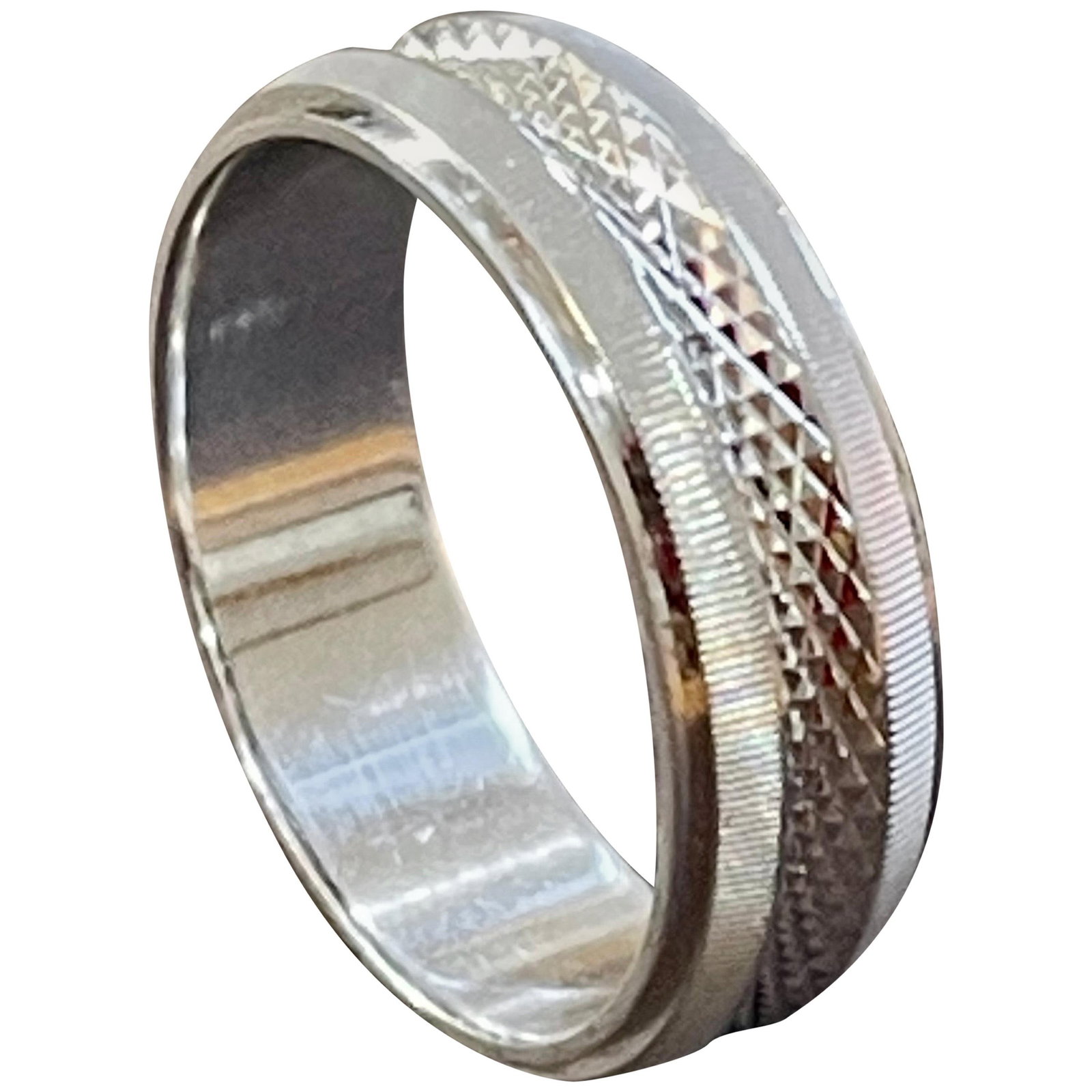 14 Karat White Gold Classic Wide Wedding Band With Design Ring, Unisex - 10