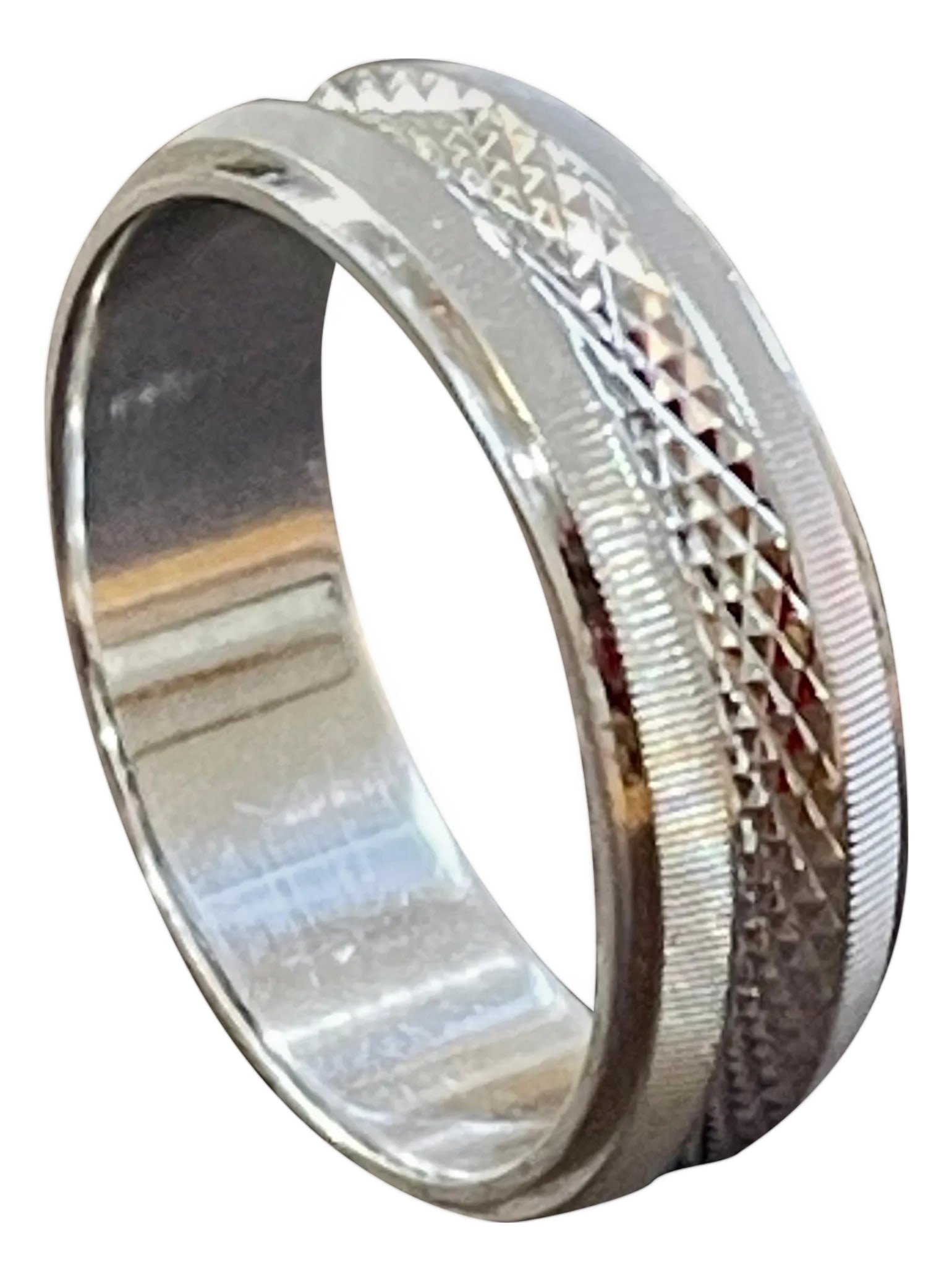 14 Karat White Gold Classic Wide Wedding Band With Design Ring, Unisex: 14 Karat White Gold Classic Wide Wedding Band Ring, Unisex Size 6 & 1/2 This timeless style adds a Light classic Design at the middle of the band , all over band Quality craftsmanship makes this long 