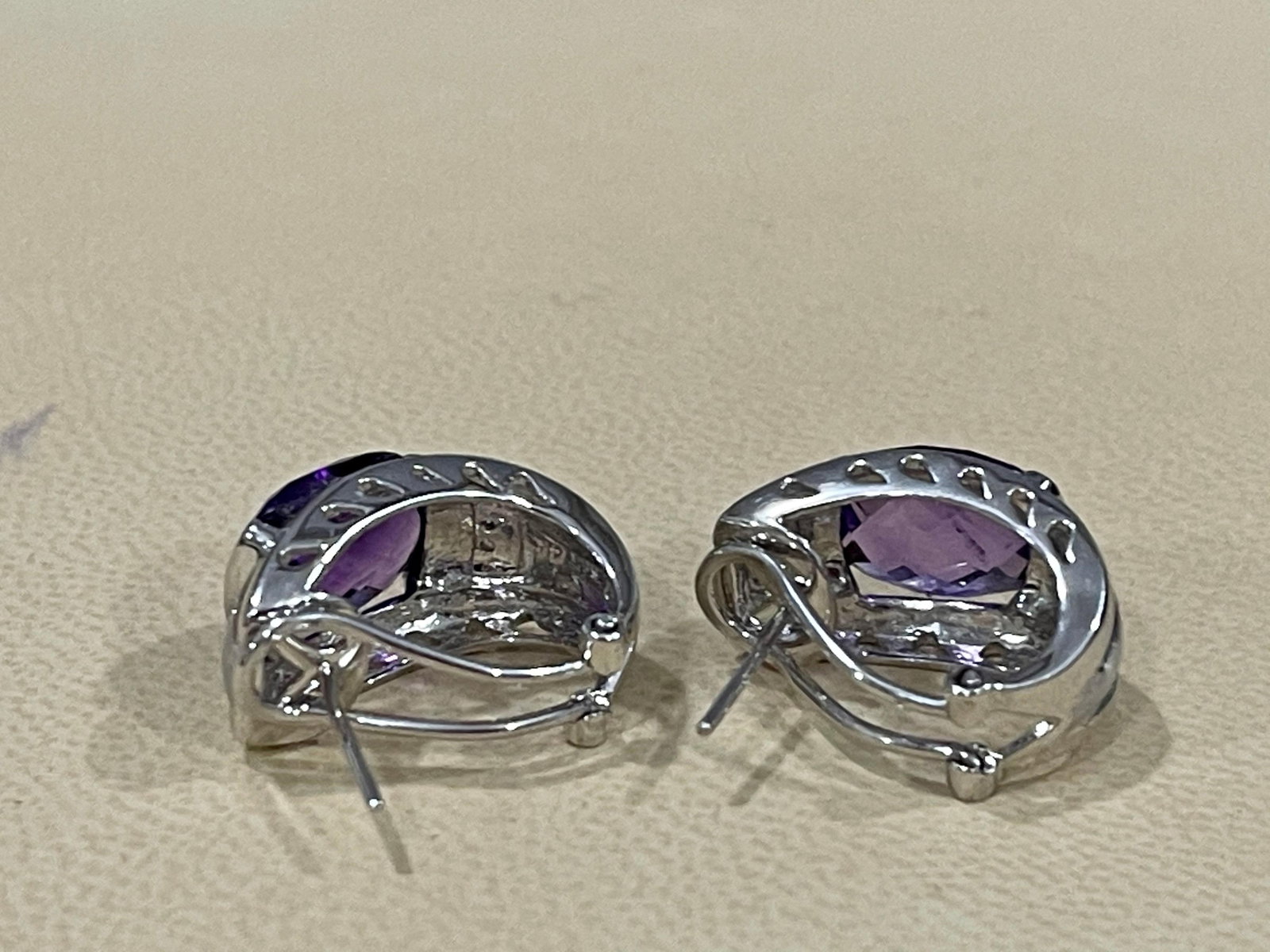 6 Carat Amethyst and Diamond 14 Karat White Gold Earrings, Omega Back - 18