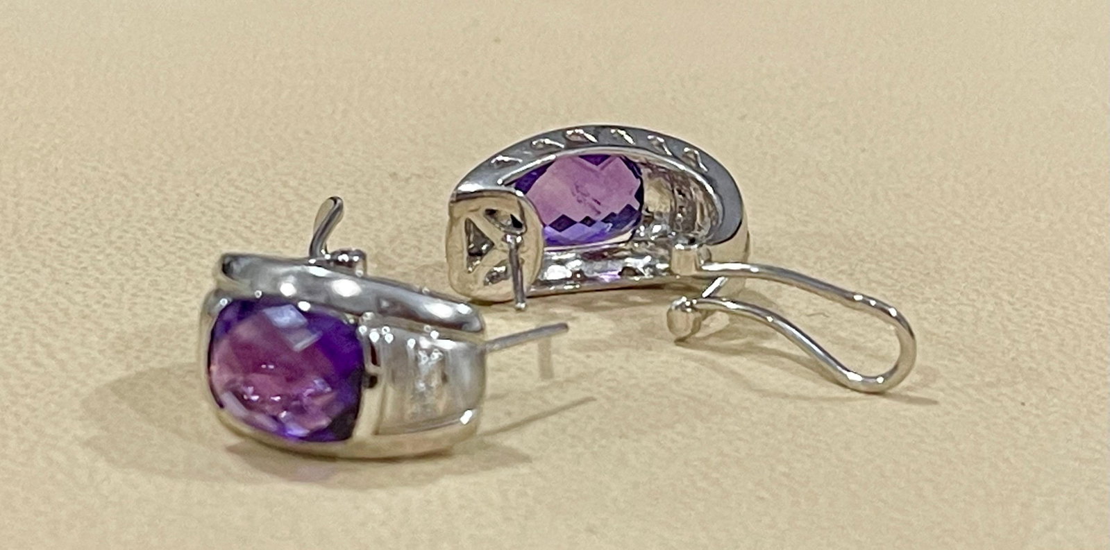 6 Carat Amethyst and Diamond 14 Karat White Gold Earrings, Omega Back - 8