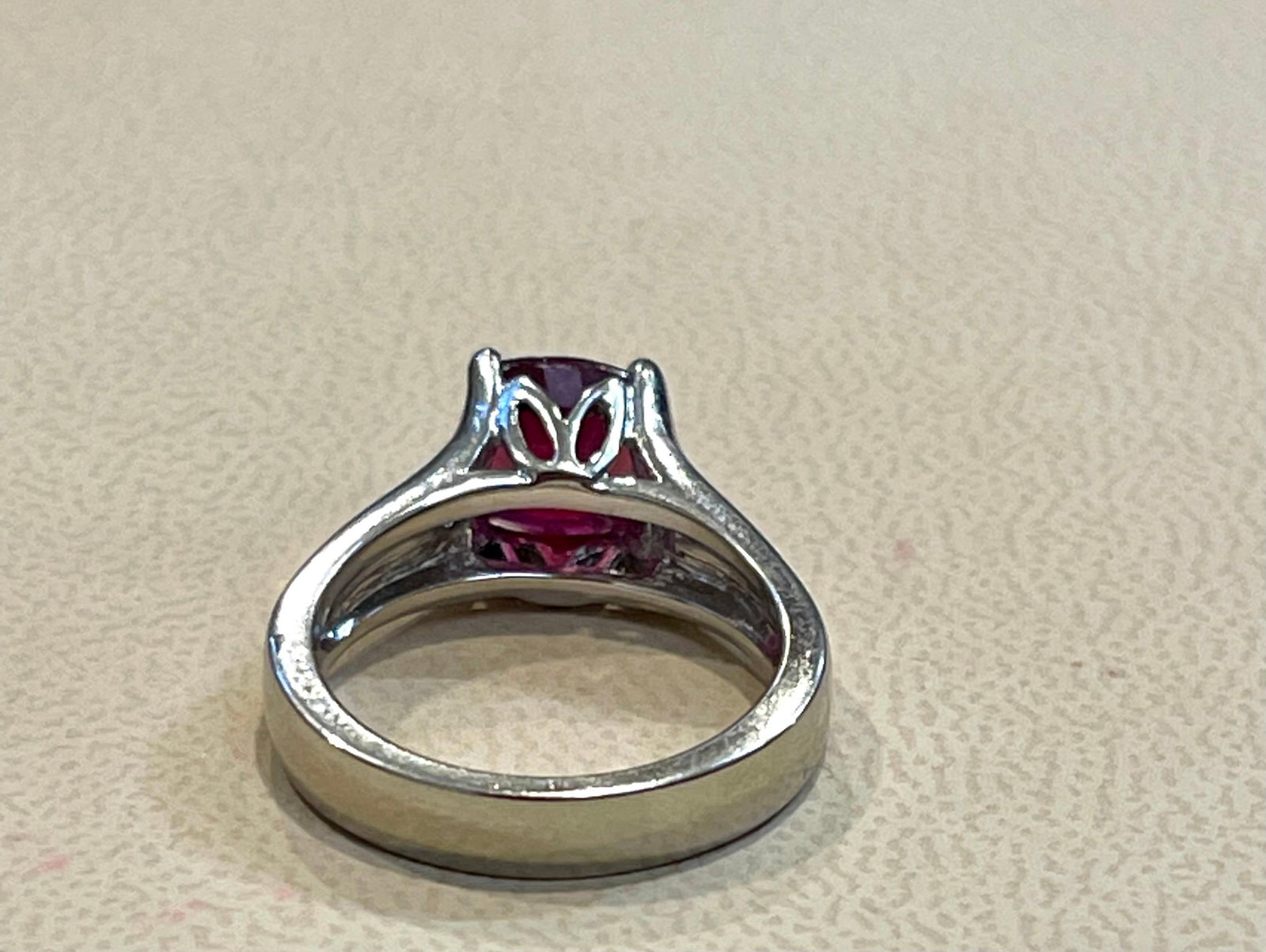 3.5 Carat Cushion Treated Ruby 14 Karat White Gold Ring - 12