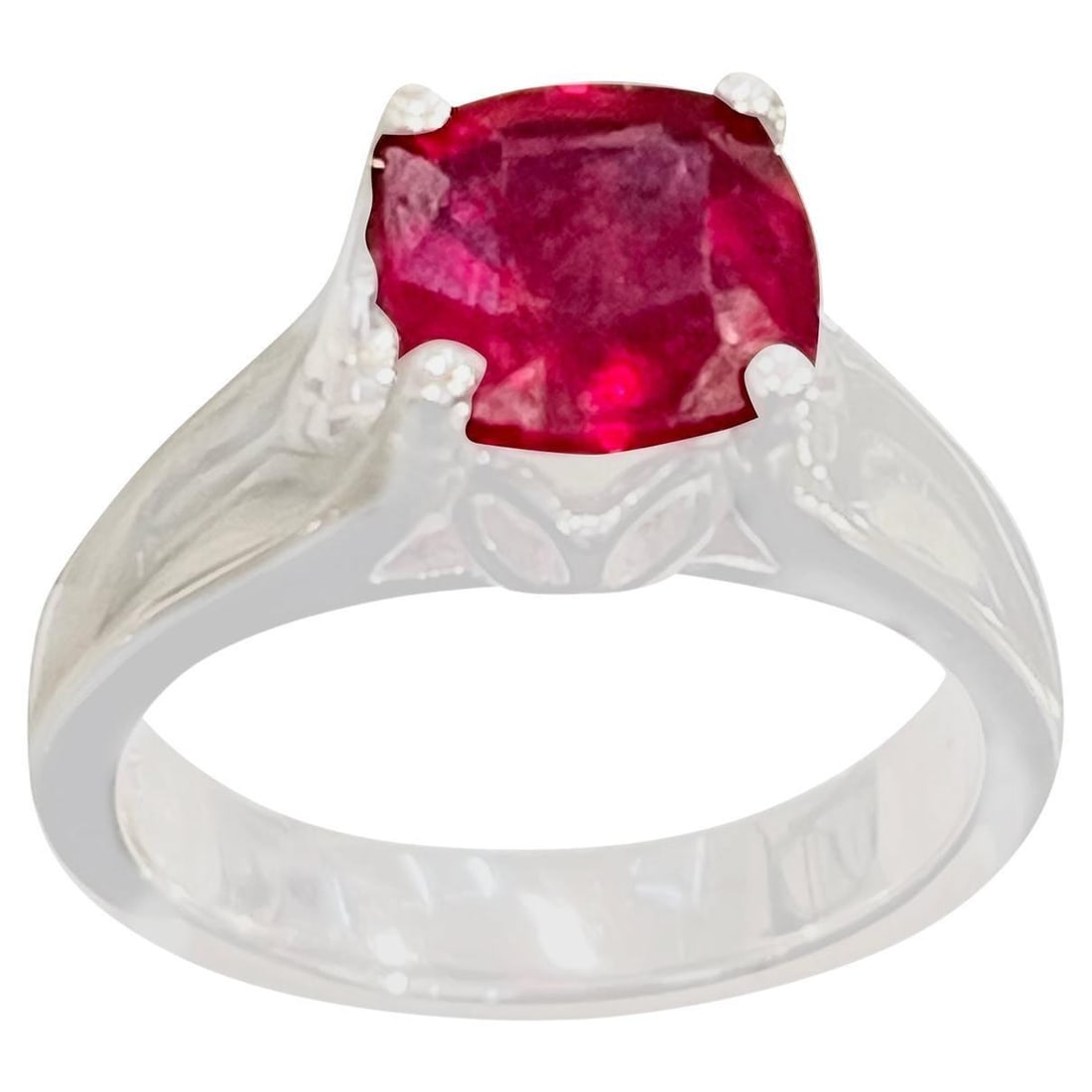3.5 Carat Cushion Treated Ruby 14 Karat White Gold Ring - 15