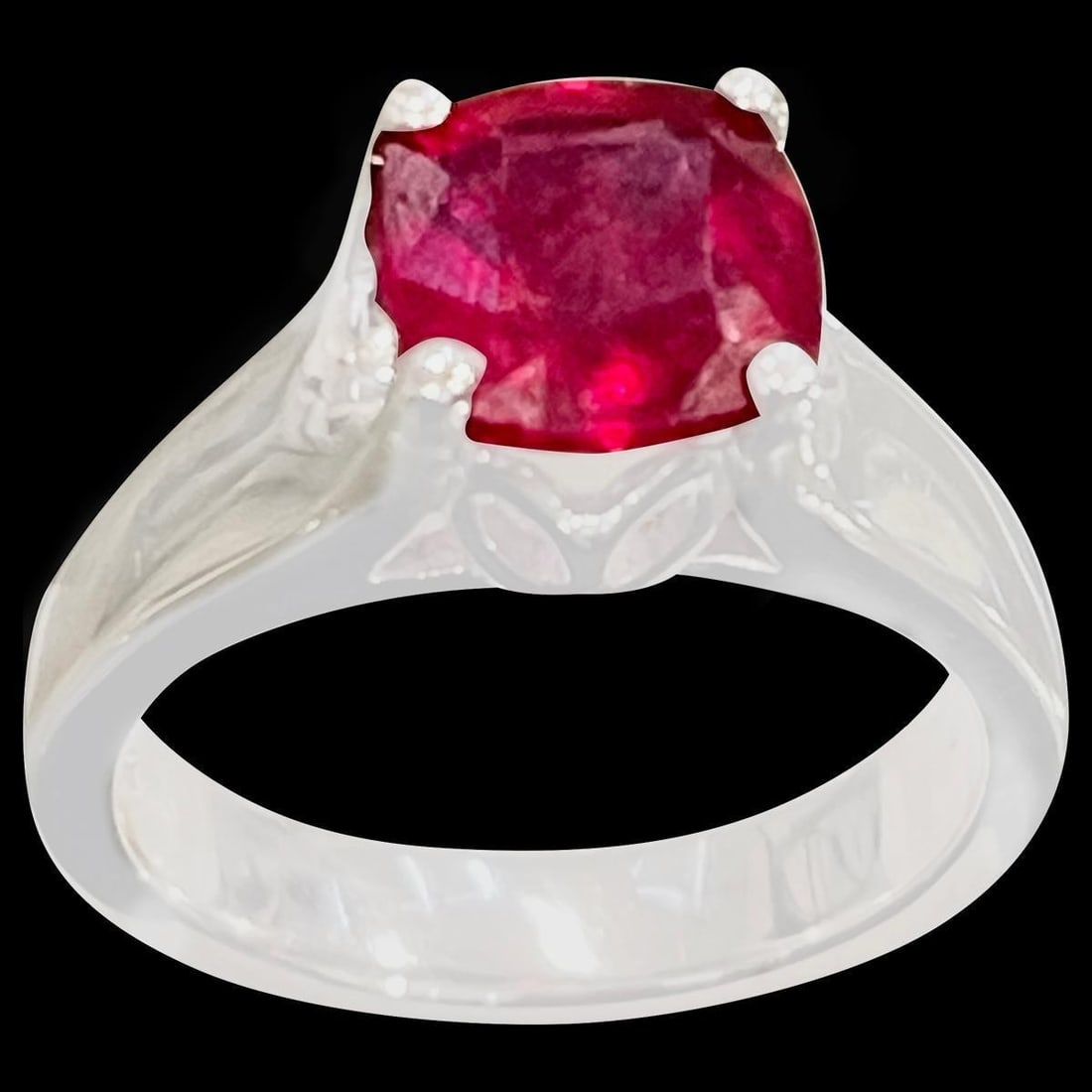3.5 Carat Cushion Treated Ruby 14 Karat White Gold Ring - 17